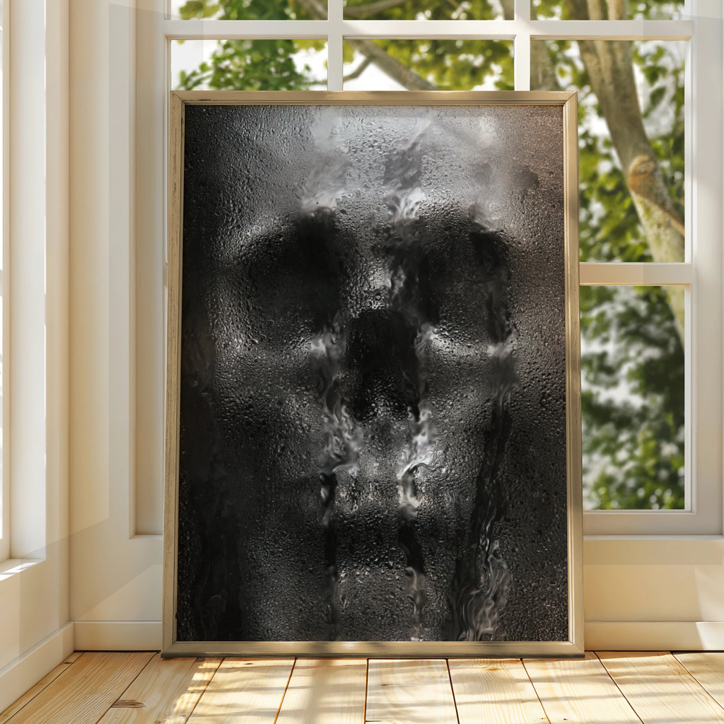 Skull Through Wet Glass Poster, Dark Gothic Wall Art, Moody Monochrome Print