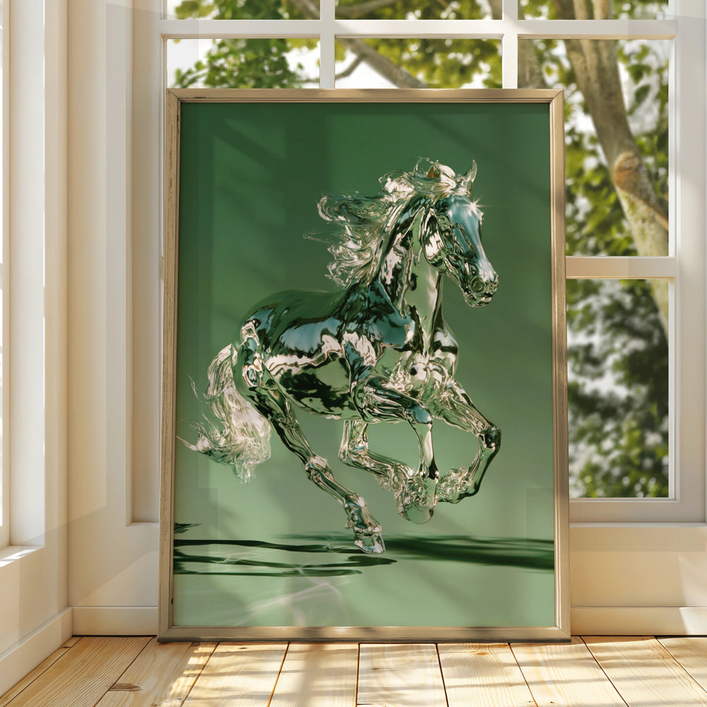 Chrome Horse Poster, Green Metallic Running Horse, Modern 3D Wall Art
