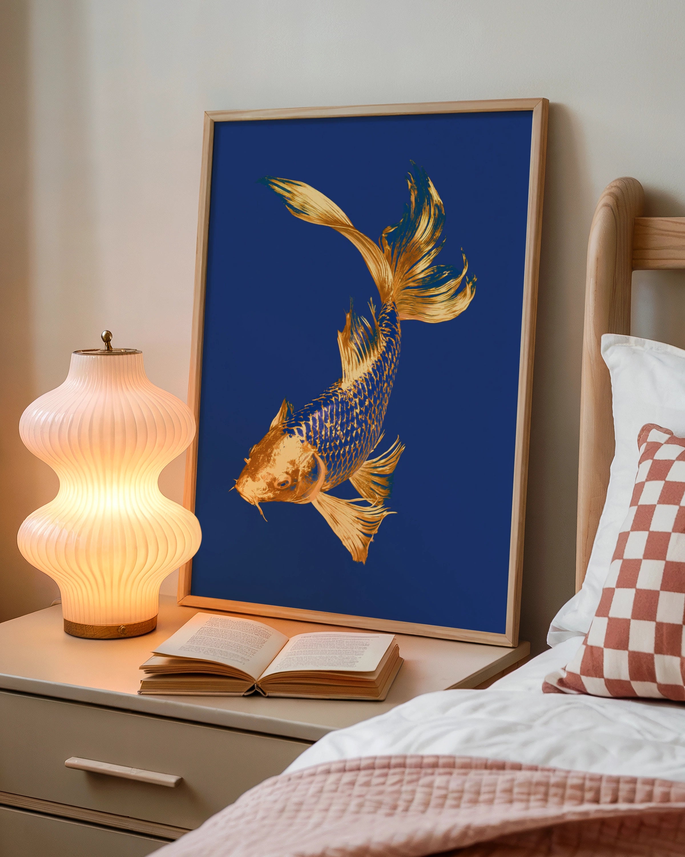 Gold Koi Fish Poster, Navy Blue Wall Art, Japanese Carp Print, Bold Colour