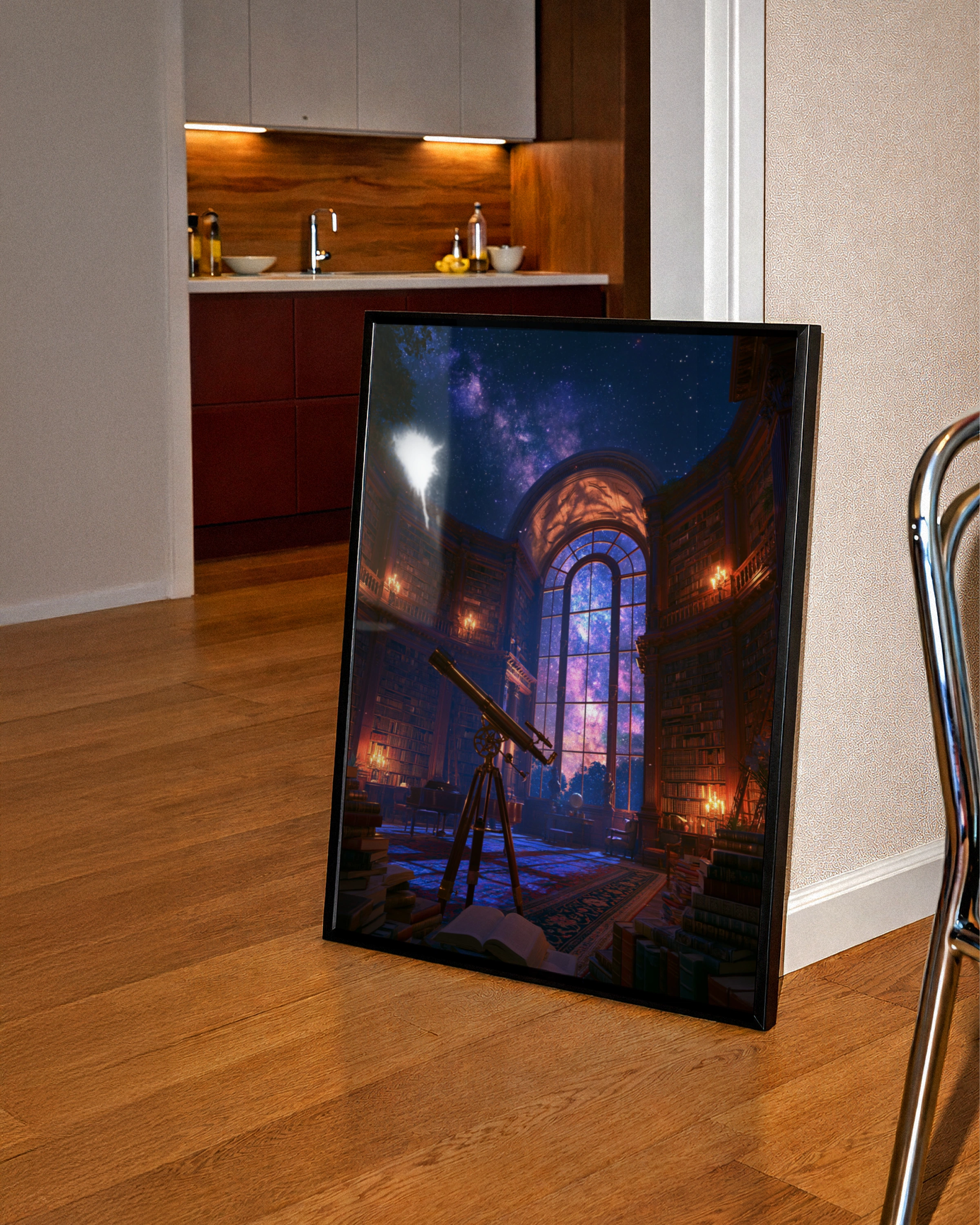 Cosmic Observatory Library Poster, Telescope Night Sky, Fantasy Astronomy Wall Art