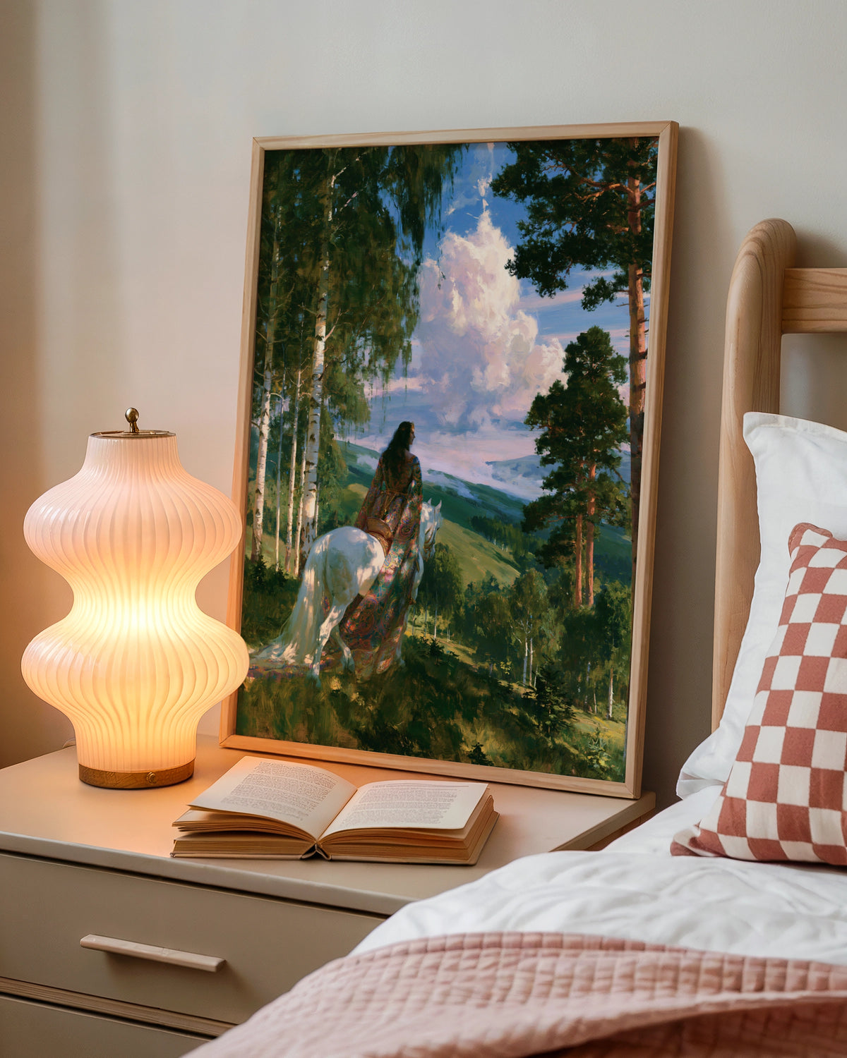 Pre-Raphaelite Woman on White Horse Forest Poster, Romantic Painting Print