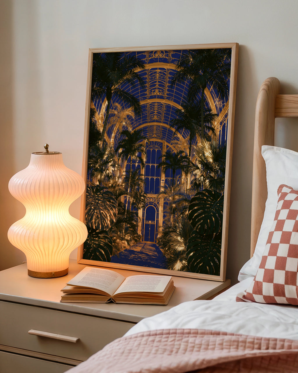 Glass House Botanical Interior Poster, Blue Gold Glasshouse Art Print