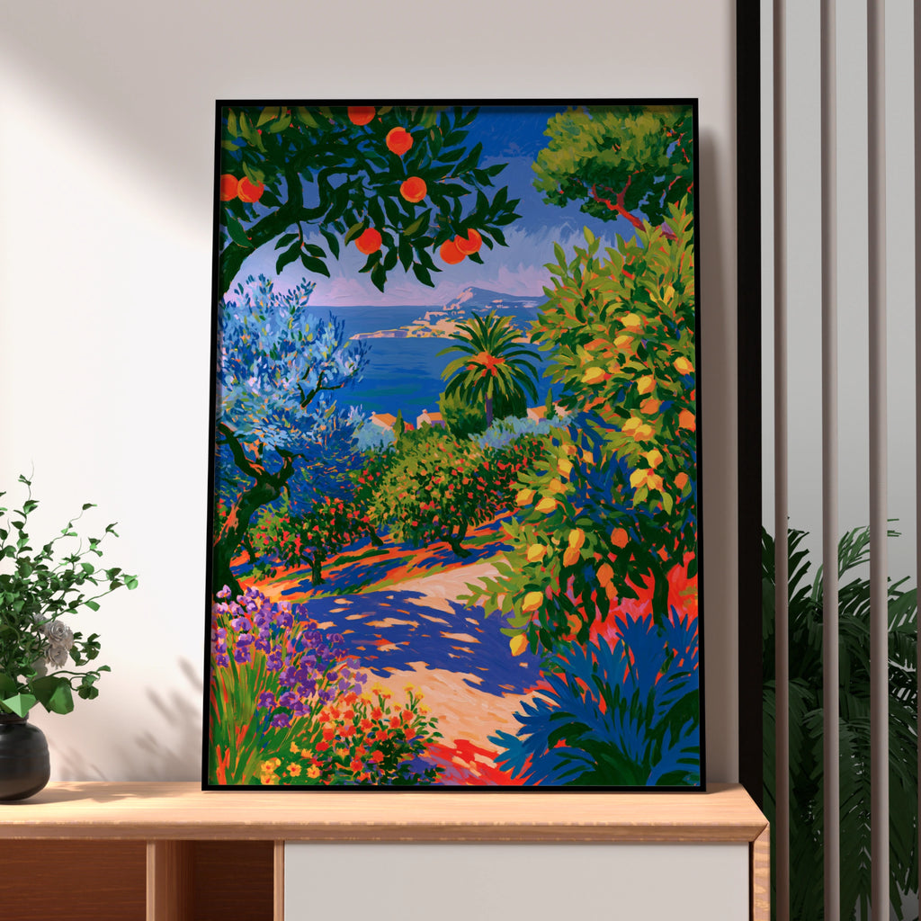 Mediterranean Garden Path Poster, Orange Lemon Trees, Coastal Wall Art Print