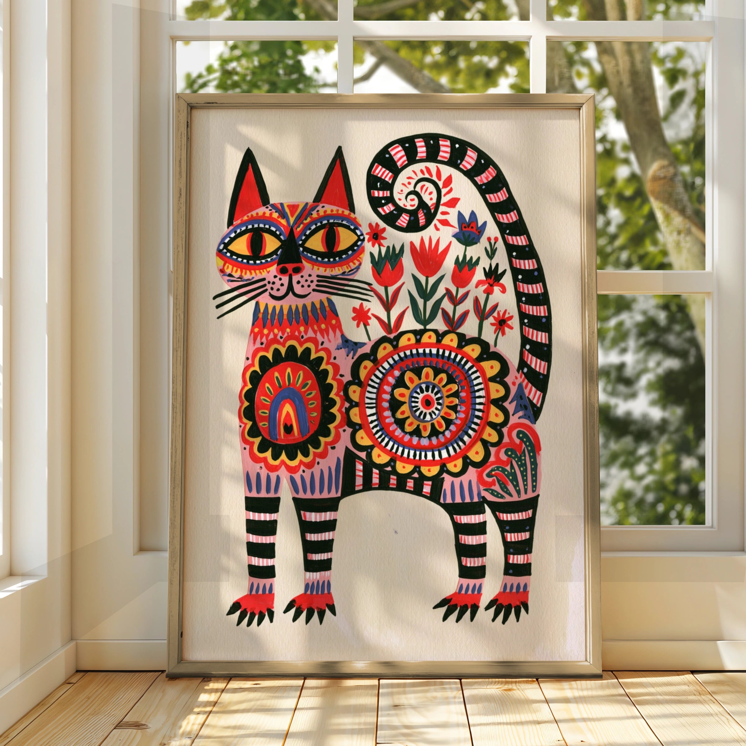 Folk Art Cat Poster, Abstract Floral Feline Print, Pink Boho Wall Art