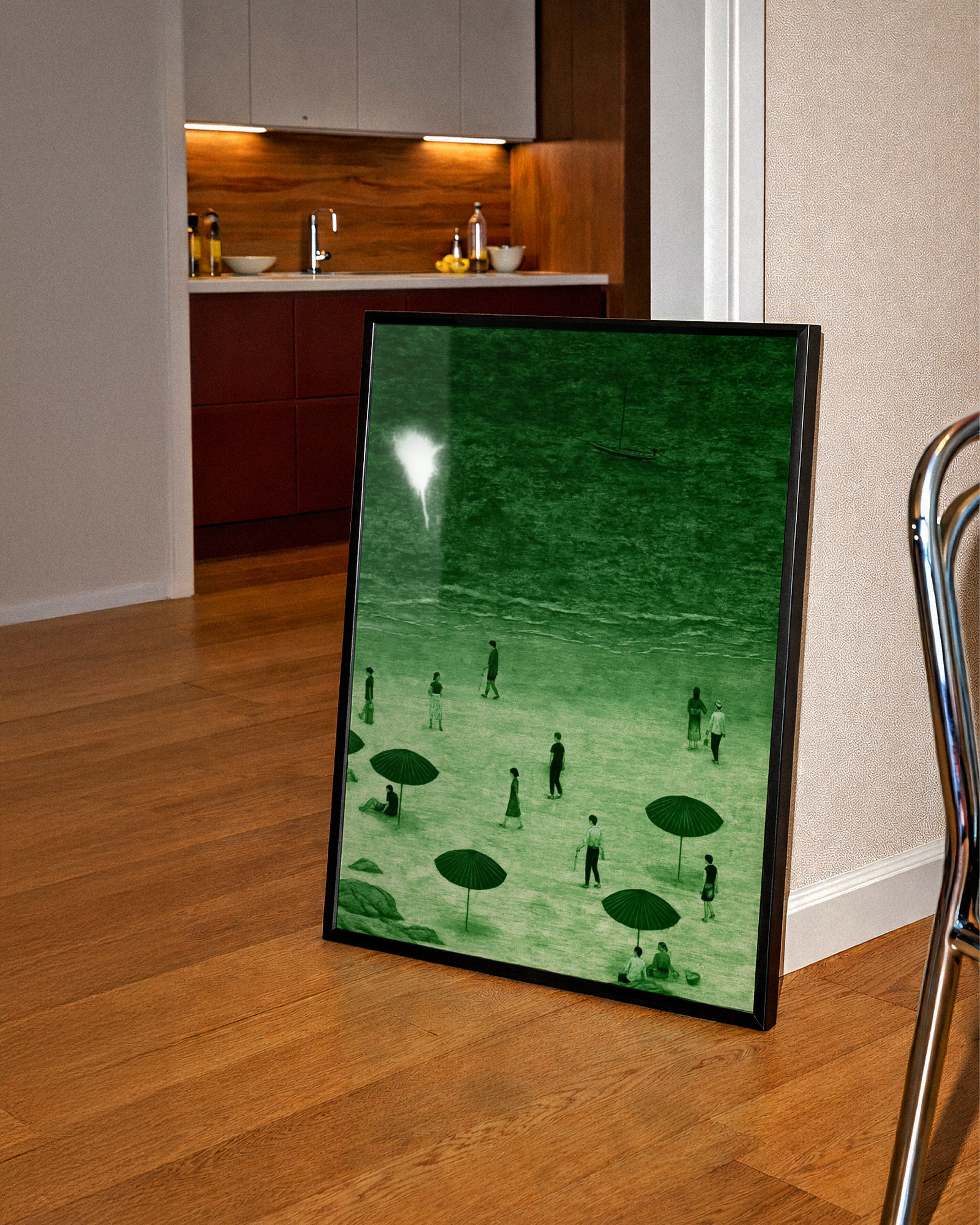 Green Beach Scene Wall Art Poster, Coastal Figures Umbrella Print, Moody Retro Style