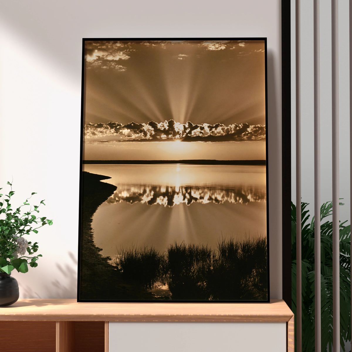 Sepia Sunrise Lake Reflection Poster, Sun Rays Sky, Vintage Nature Print