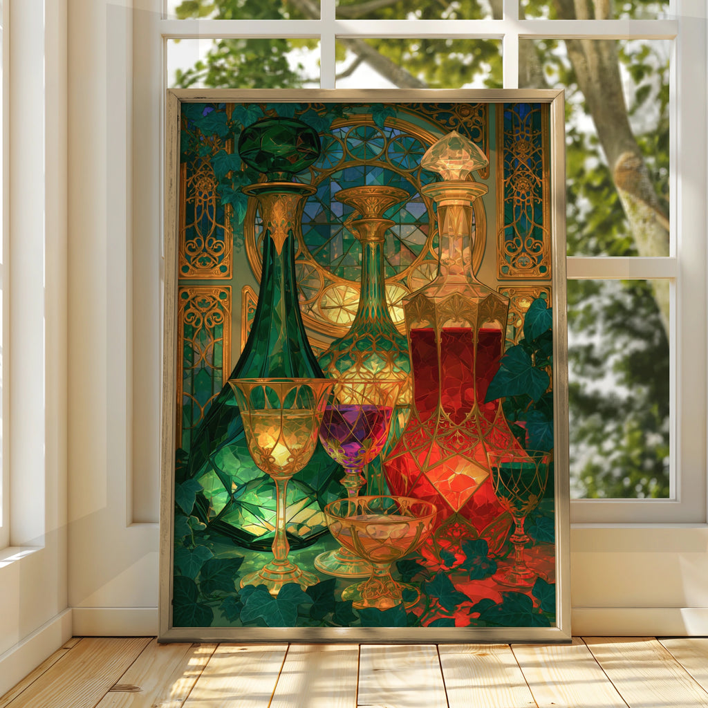 Art Nouveau Glass Decanters Still Life Poster, Jewel Tones, Ornate Gold