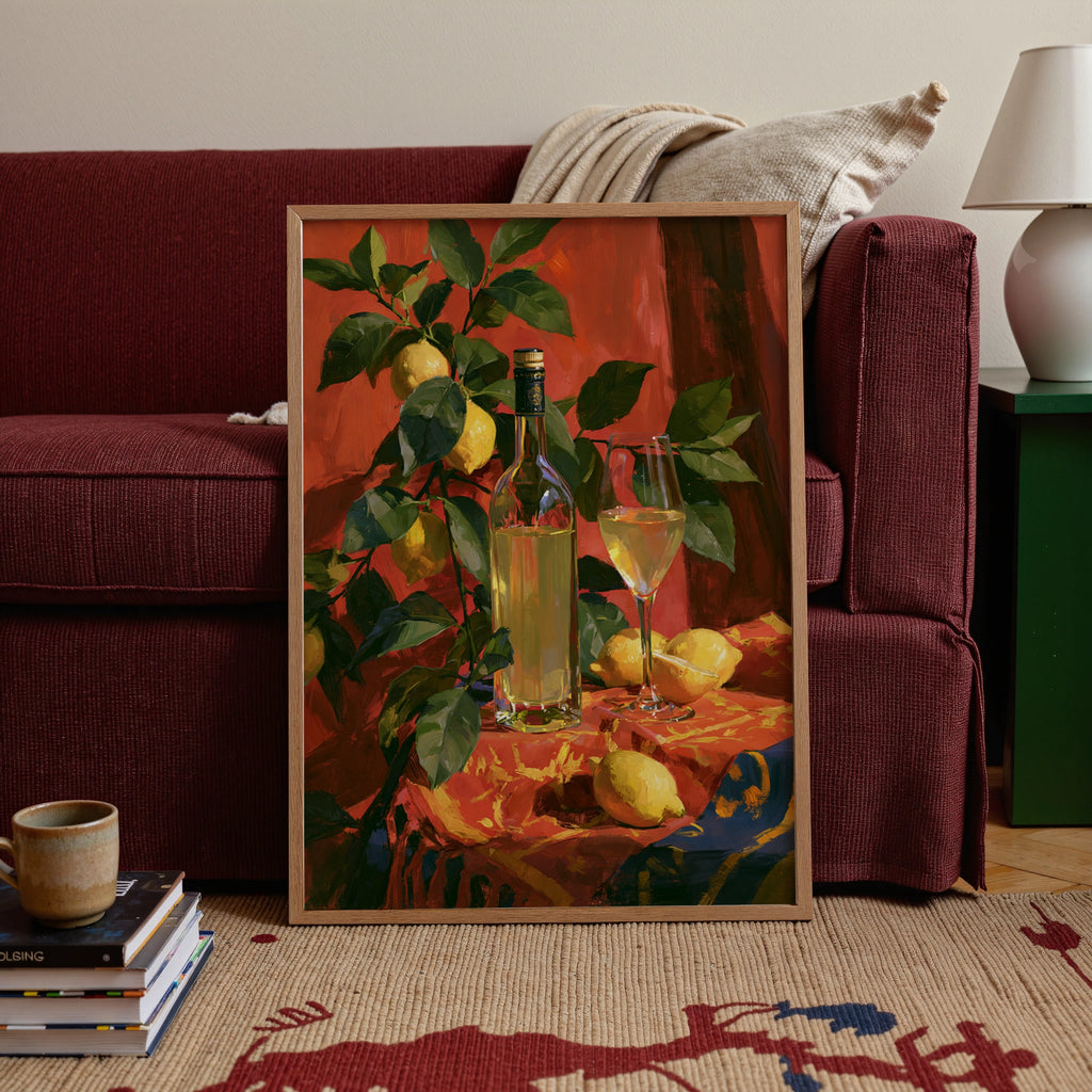 Limoncello Still Life Poster, Lemon Tree Red Table, Italian Oil Painting Style