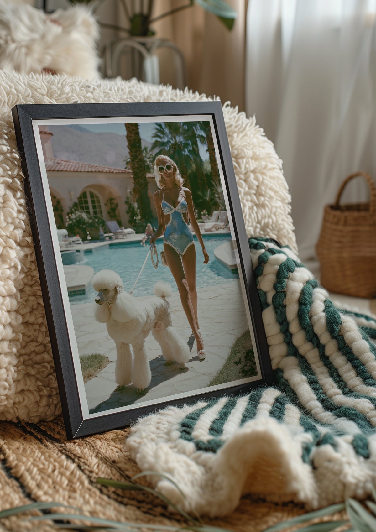 Woman with Poodle Poolside Poster, Retro Bikini Wall Art, Glamour Print