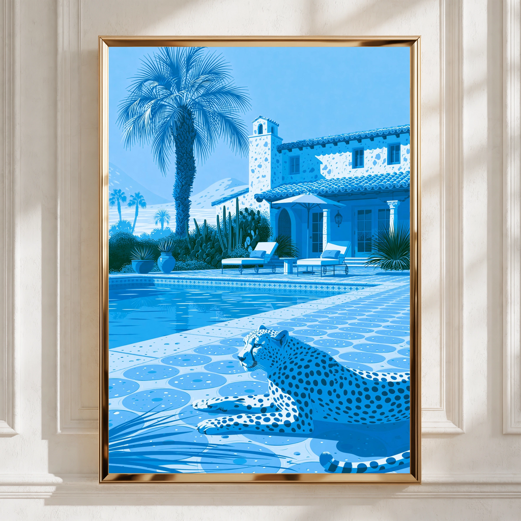 Cheetah by Pool Poster, Blue Monochrome Villa Print, Luxury Wildlife Art