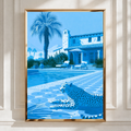 Cheetah by Pool Poster, Blue Monochrome Villa Print, Luxury Wildlife Art