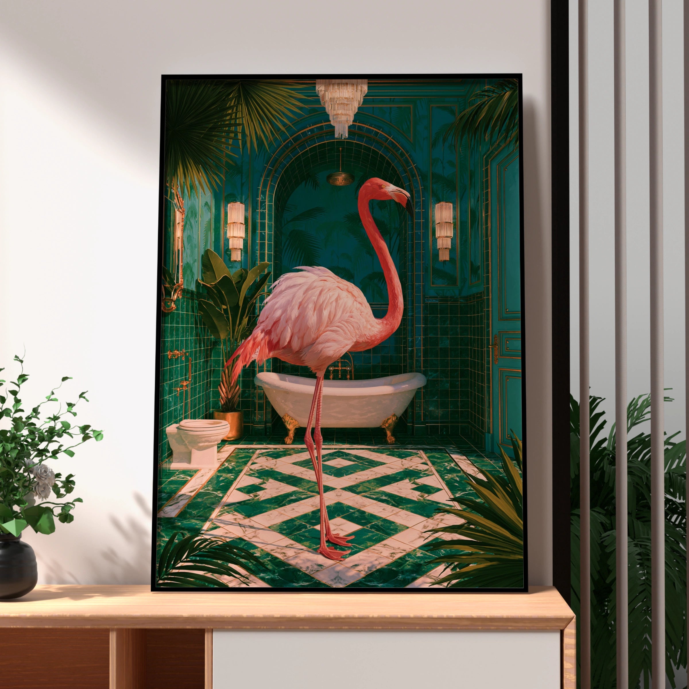 Flamingo Green Bathroom Poster, Pink Bird Tropical Art Deco Print