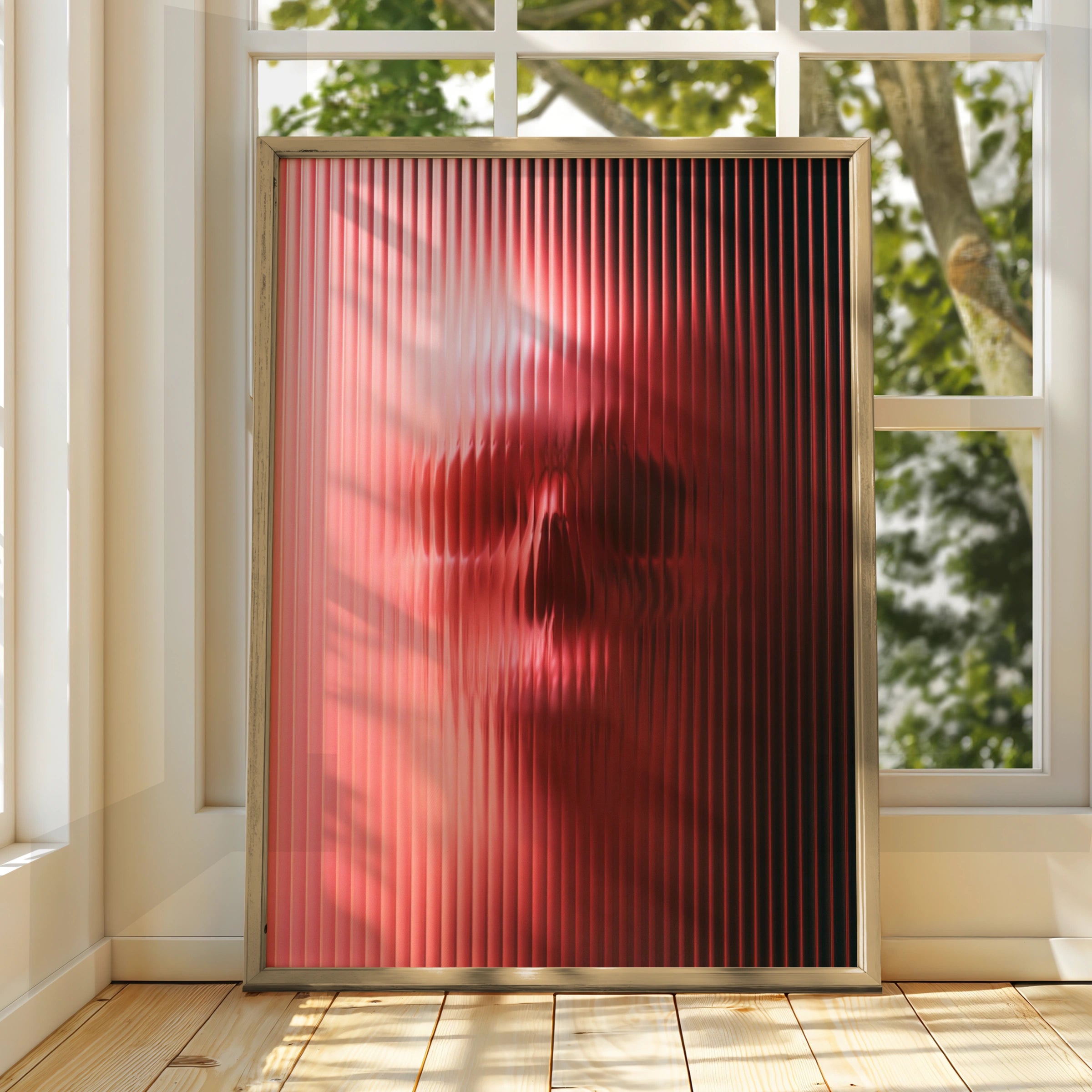 Skull Through Glass Poster, Pink Red Abstract Art Print, Dark Moody Wall Art