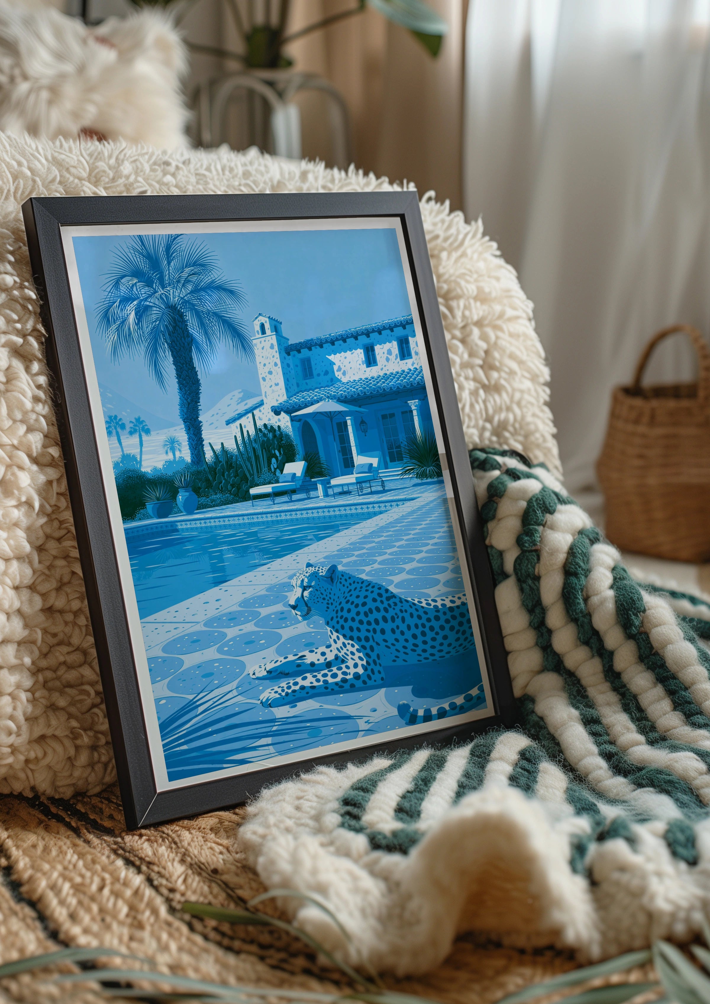 Cheetah by Pool Poster, Blue Monochrome Villa Print, Luxury Wildlife Art