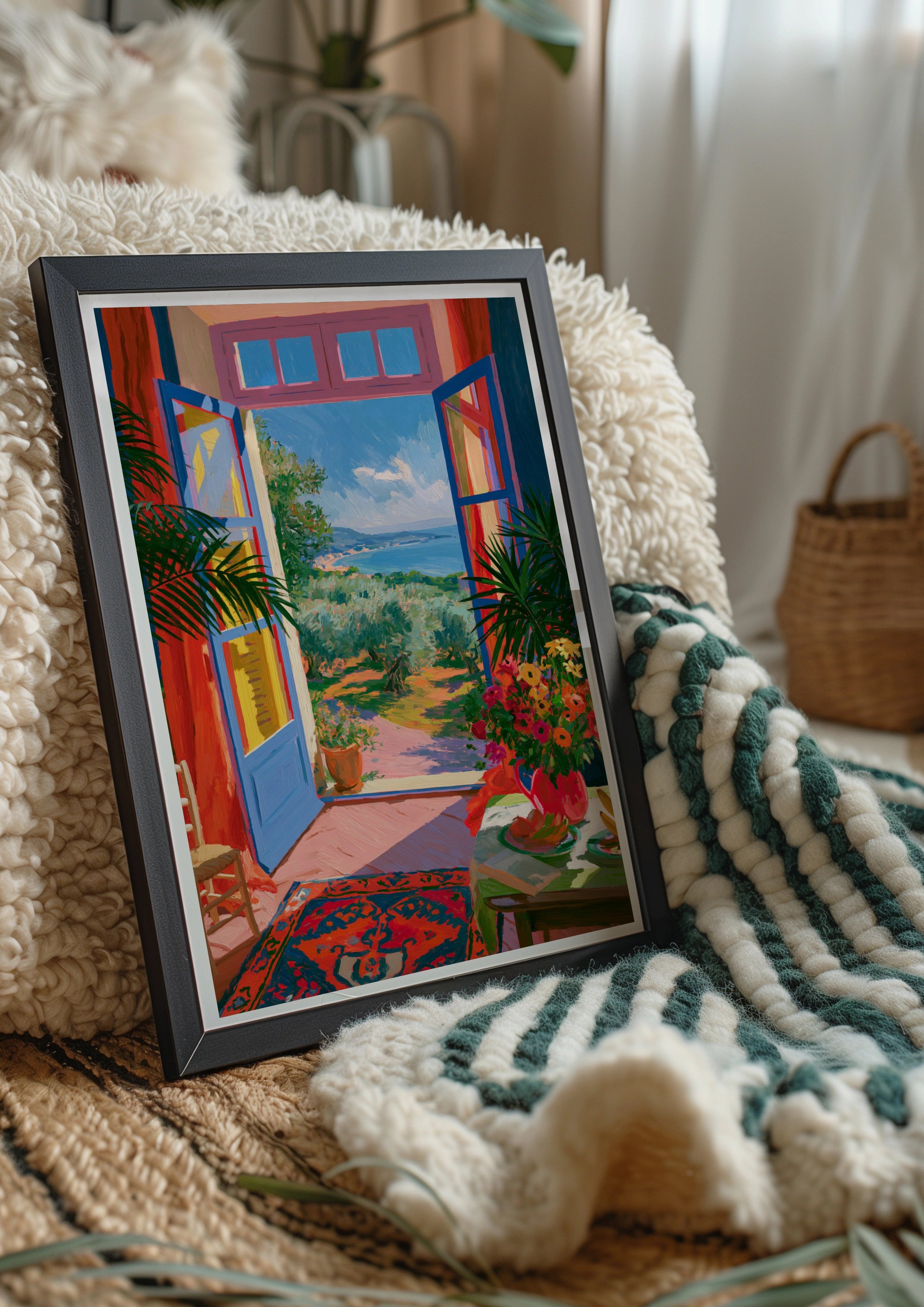 Colourful Olive Grove Window View Poster, Mediterranean Sea Art Print