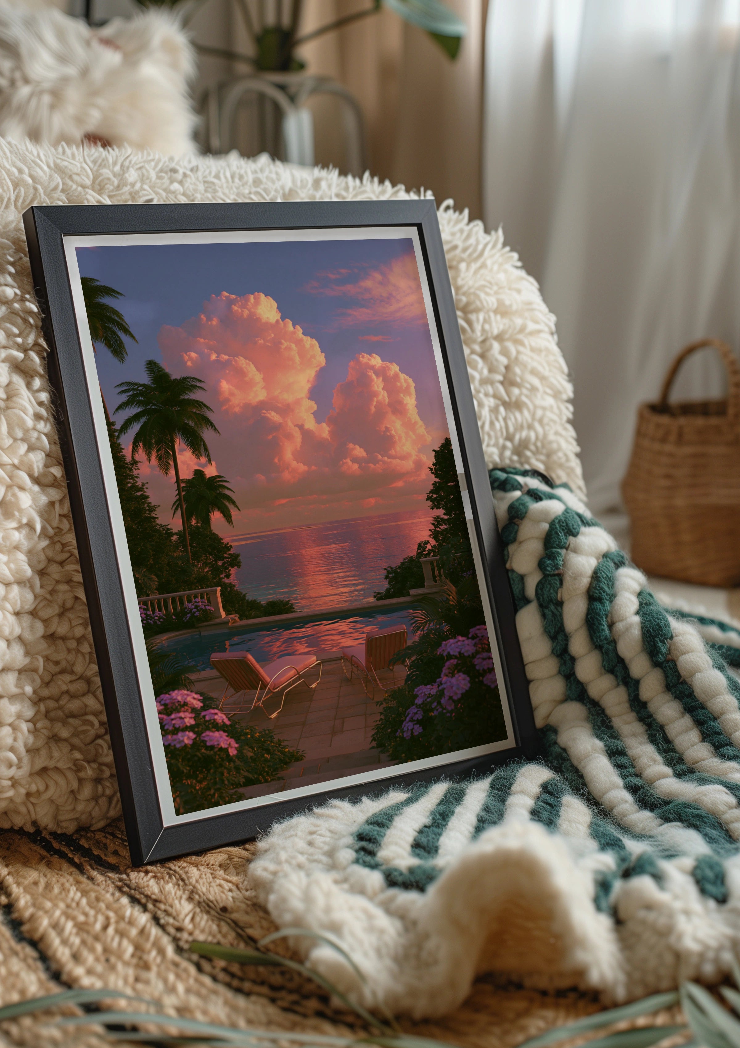 Pink Sunset Sun Loungers Pool Terrace Poster, Tropical Sky Wall Art Print