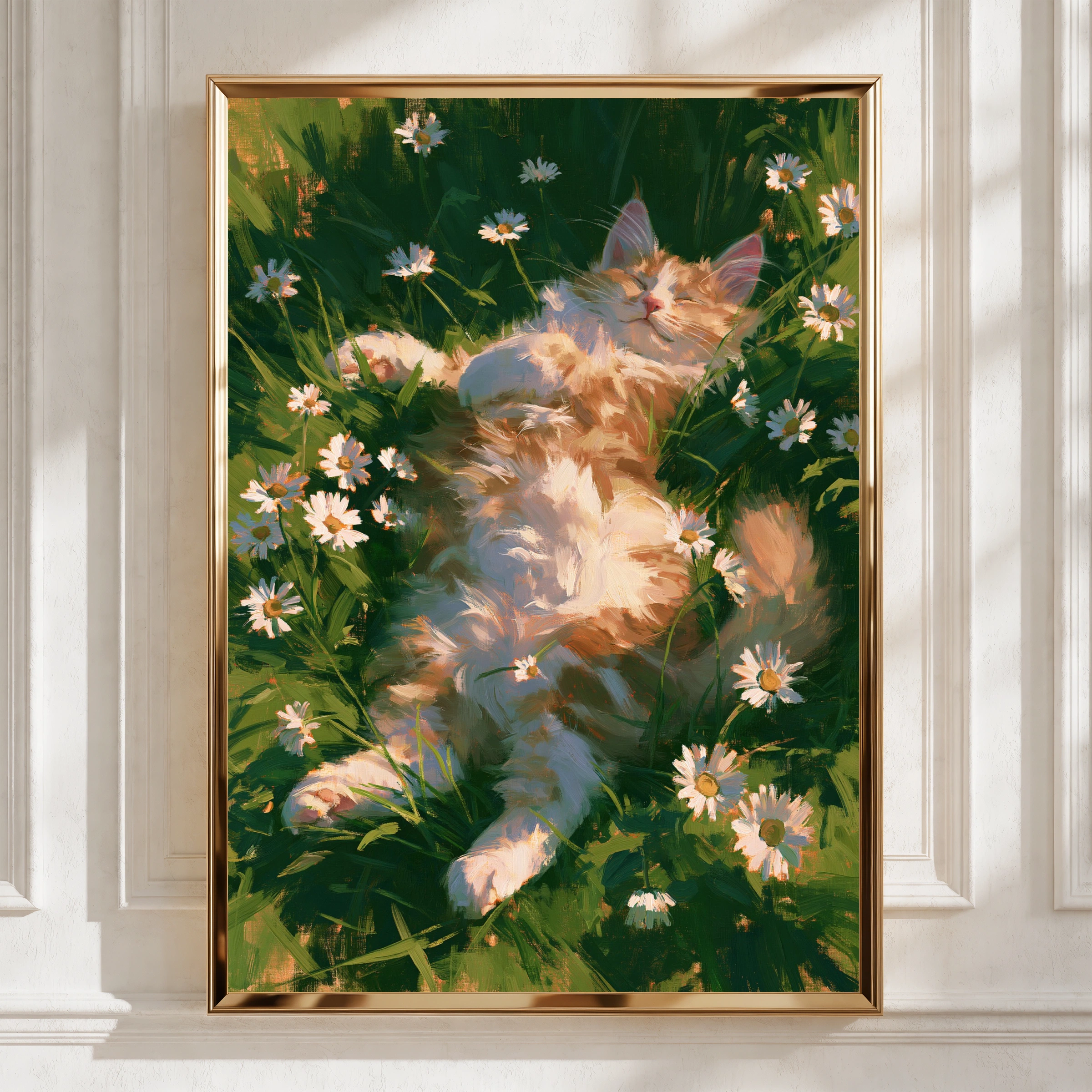 Sleeping Fluffy Cat Daisies Grass Poster, Cosy Painterly Wall Art Print