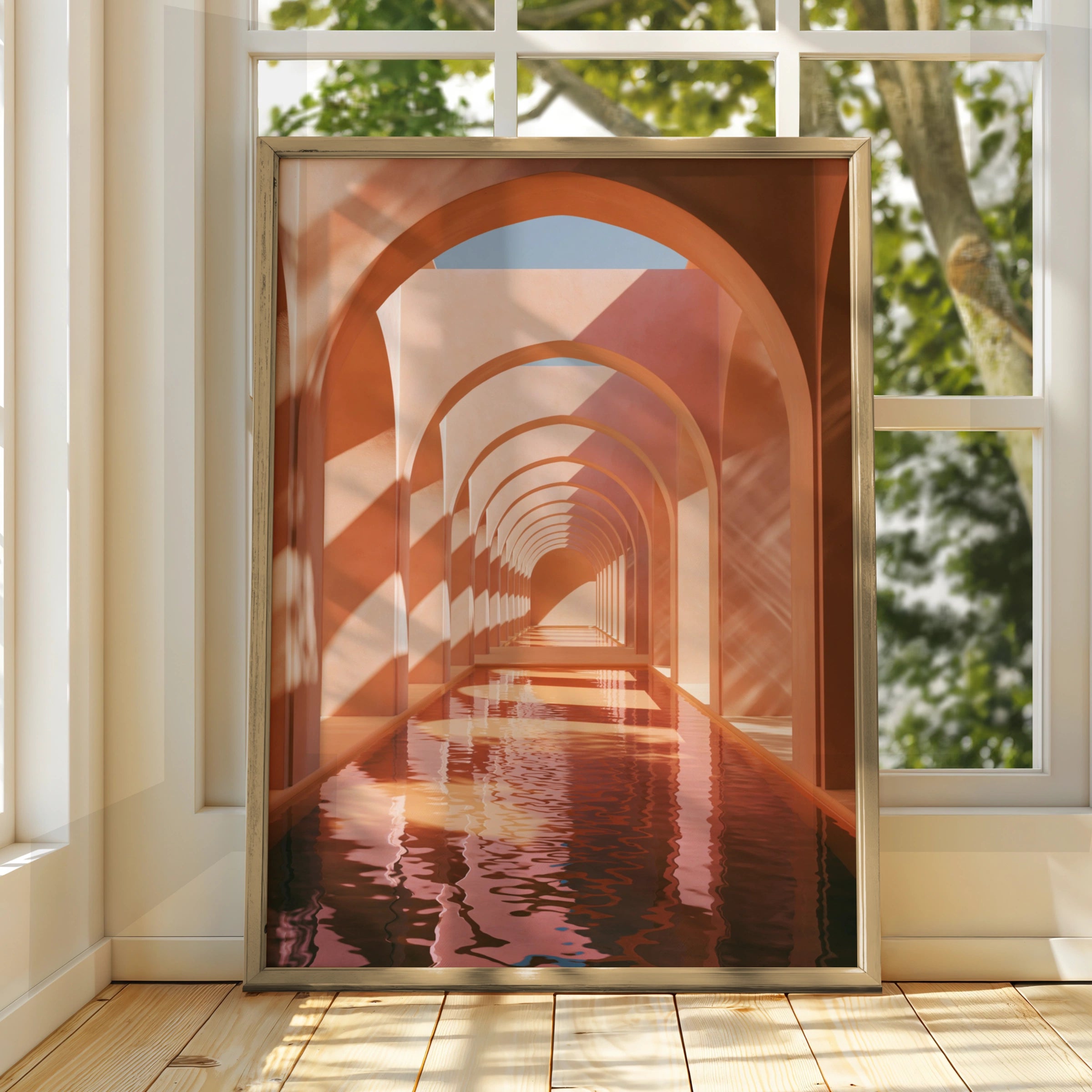 Terracotta Arch Corridor Poster, Moroccan Architecture Wall Art, Modern Print