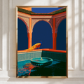 Peacock Moorish Arches Fountain Poster, Moroccan Architecture Wall Art Print