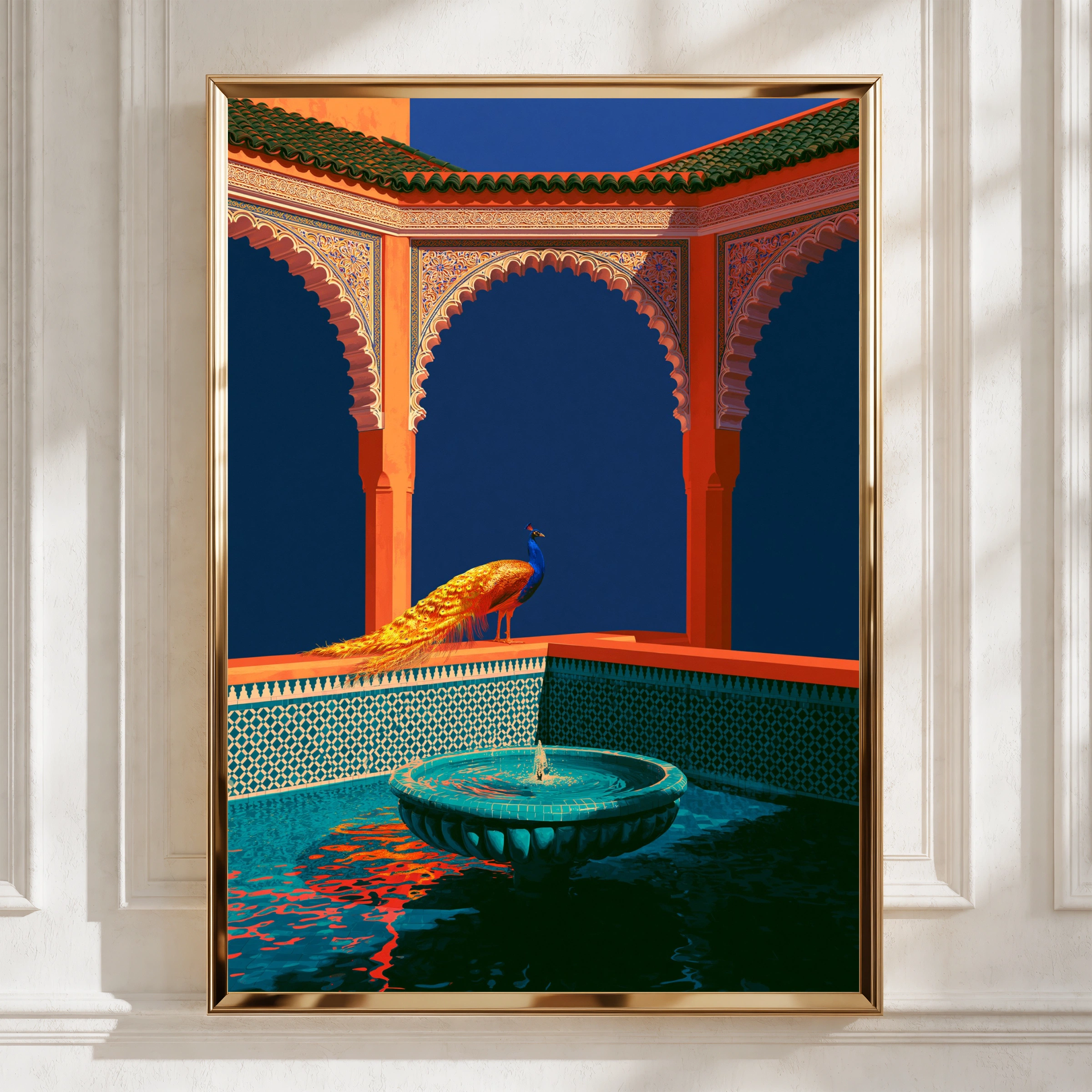 Peacock Moorish Arches Fountain Poster, Moroccan Architecture Wall Art Print