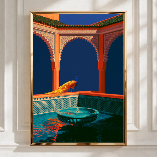 Peacock Moorish Arches Fountain Poster, Moroccan Architecture Wall Art Print