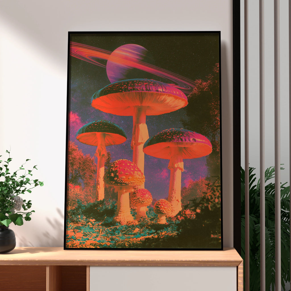 Surreal Mushroom Saturn Space Poster, Psychedelic Fungi Wall Art Print