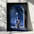 Cosmic Hand Universe Poster, Blue Surreal Space Art, Geometric Stars Print