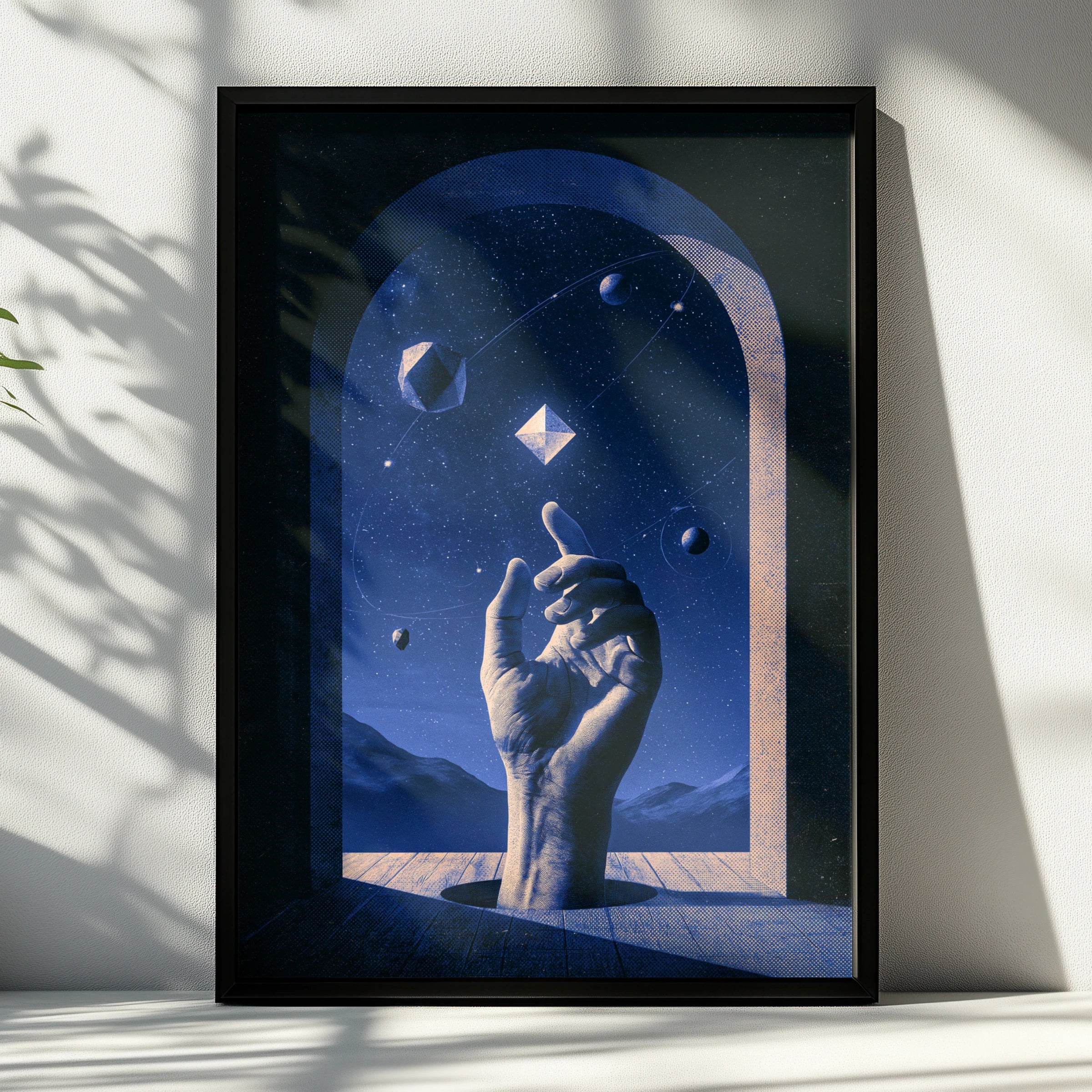 Cosmic Hand Universe Poster, Blue Surreal Space Art, Geometric Stars Print