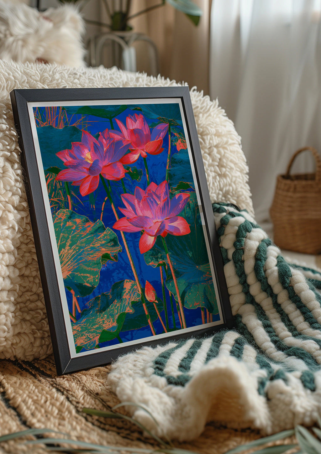 Pink Lotus Flower Water Poster, Bold Botanical Art Print, Vibrant Floral Wall Art