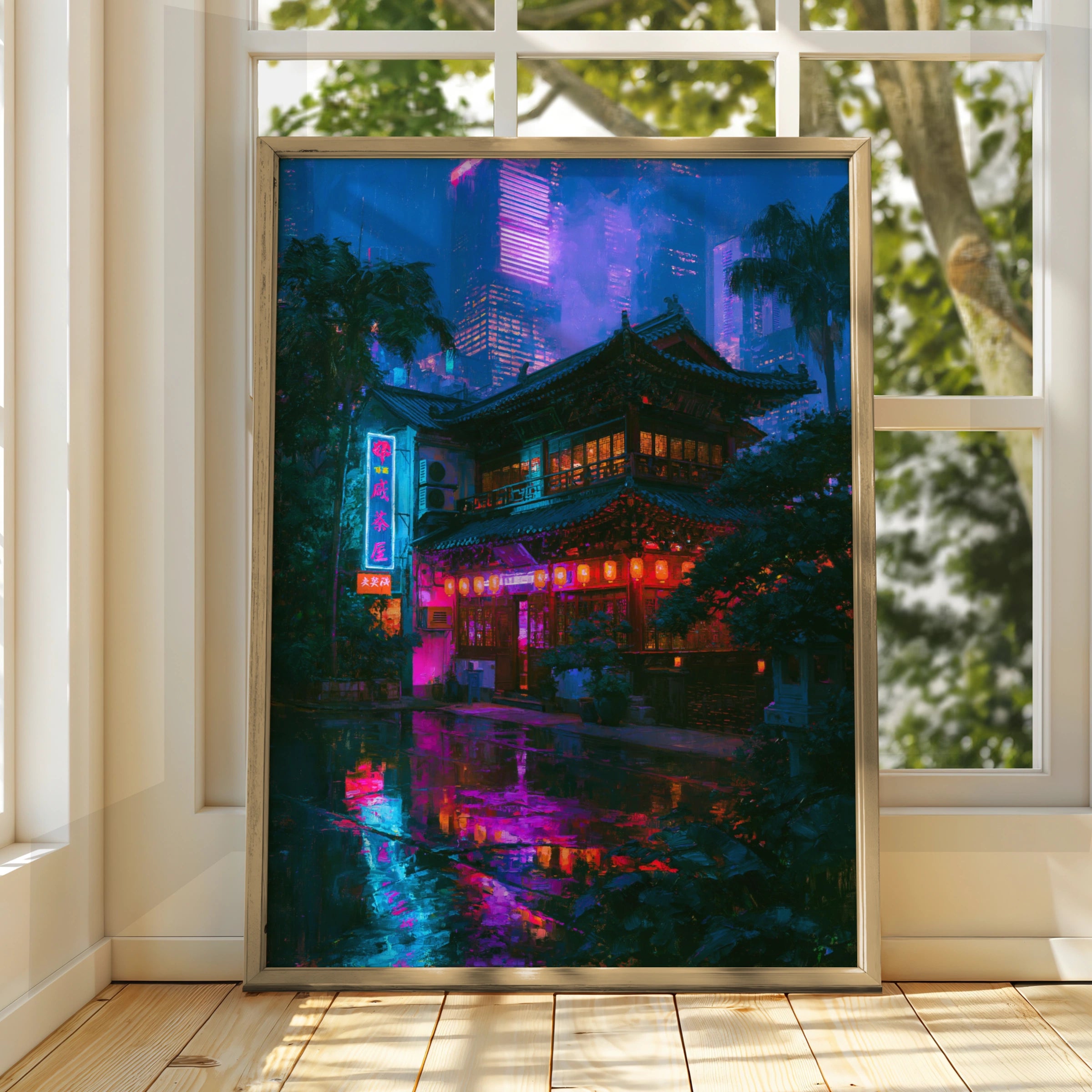 Japan Cyberpunk Night City Poster, Neon Tokyo Street Art Print, Futuristic