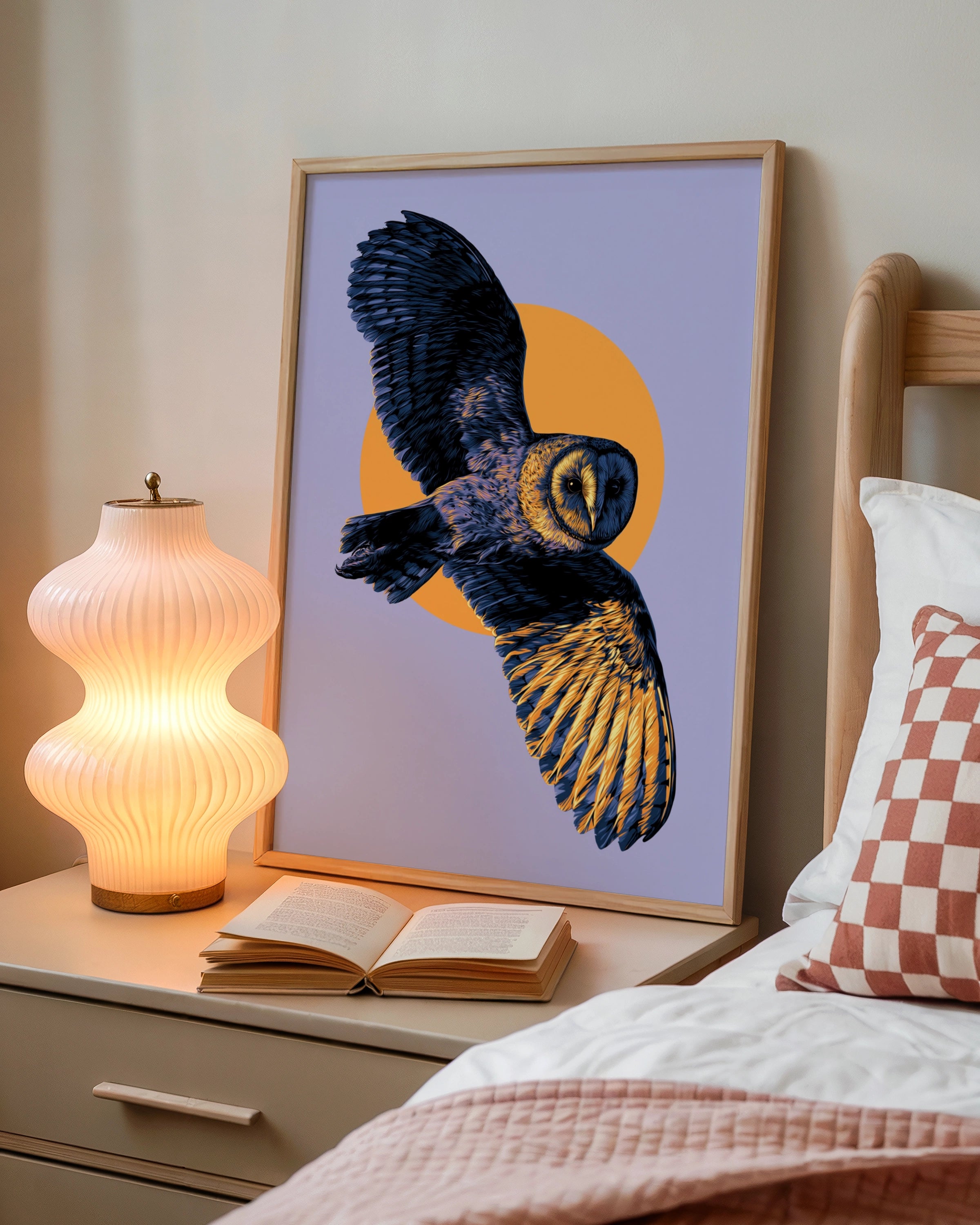 Barn Owl in Flight Poster, Yellow Purple Wildlife Wall Art Print