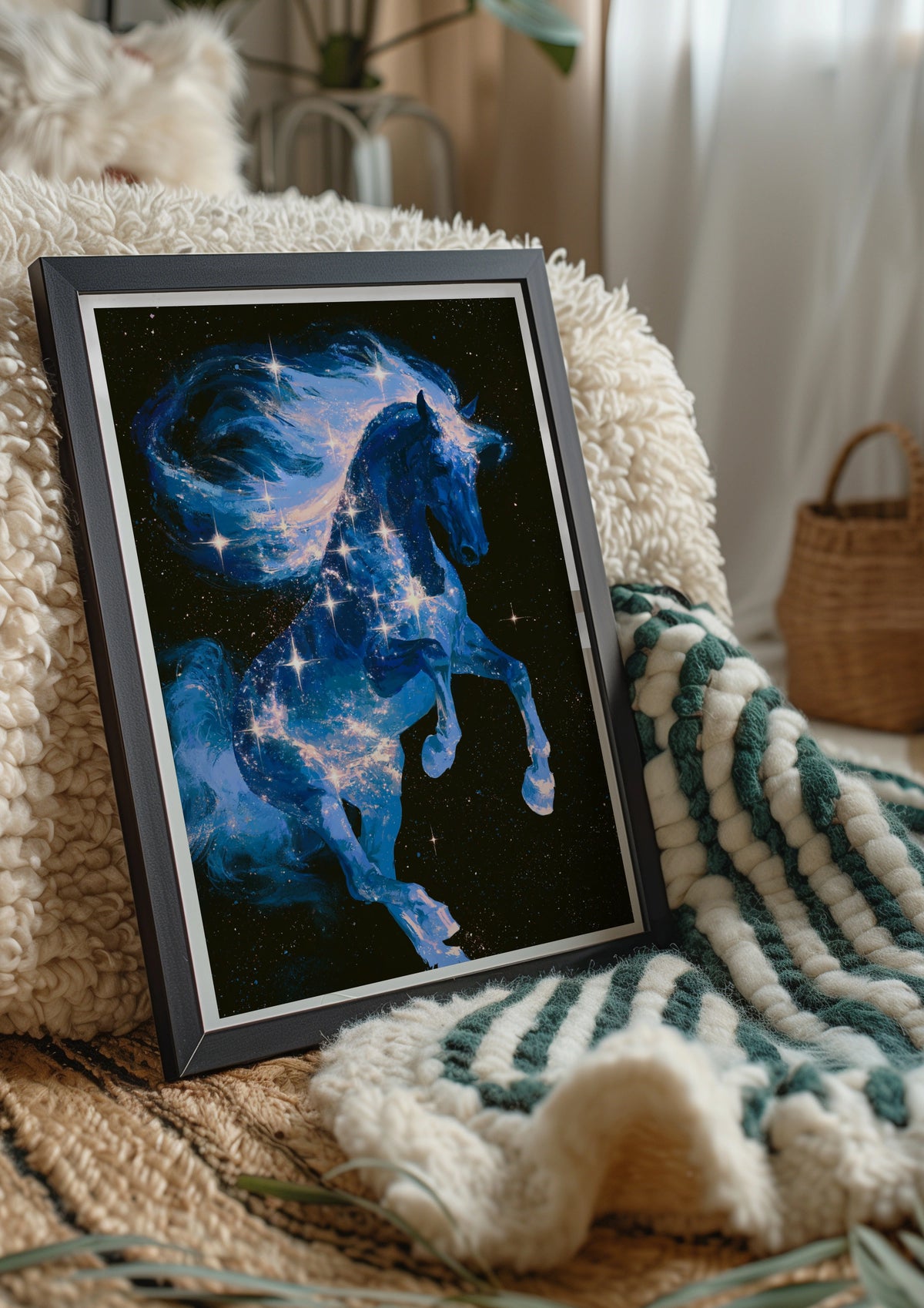 Celestial Horse Stars Poster, Galaxy Stallion Wall Art, Cosmic Blue Print