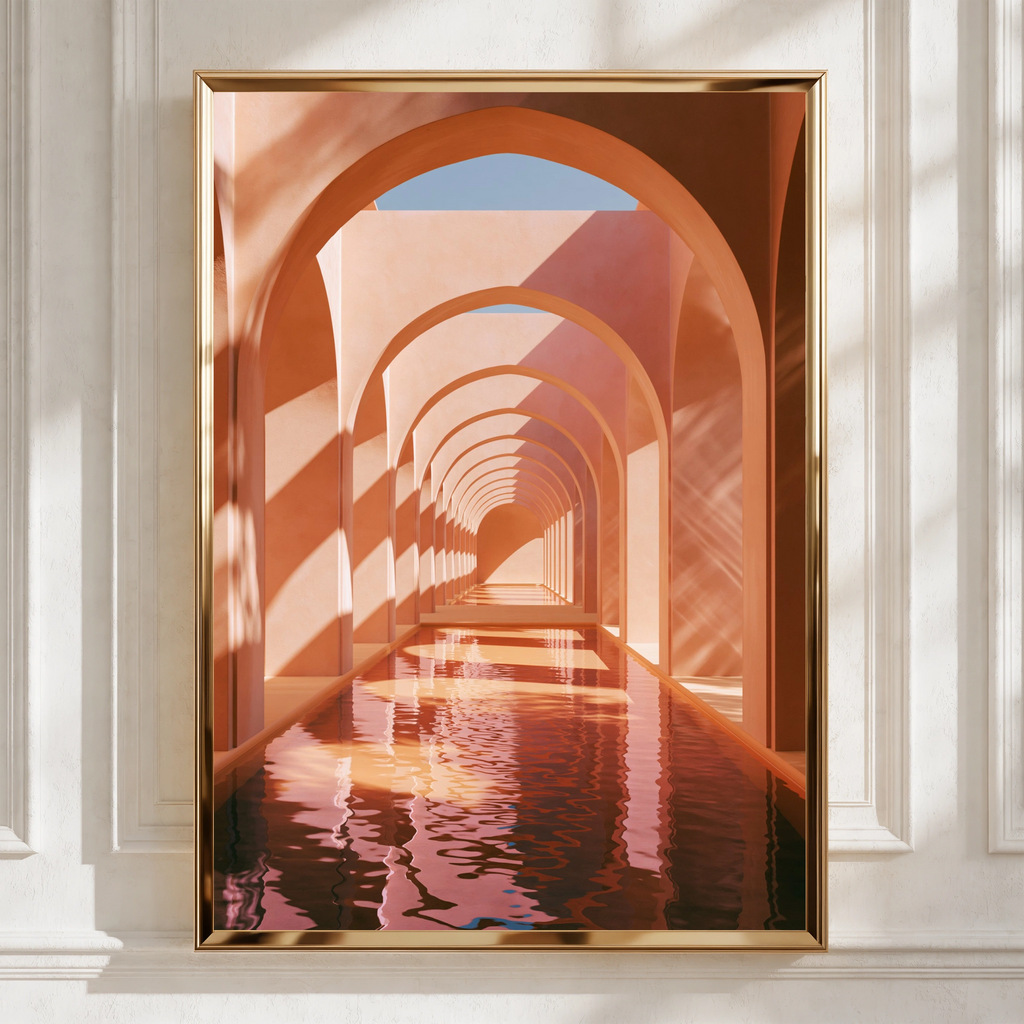 Terracotta Arch Corridor Poster, Moroccan Architecture Wall Art, Modern Print