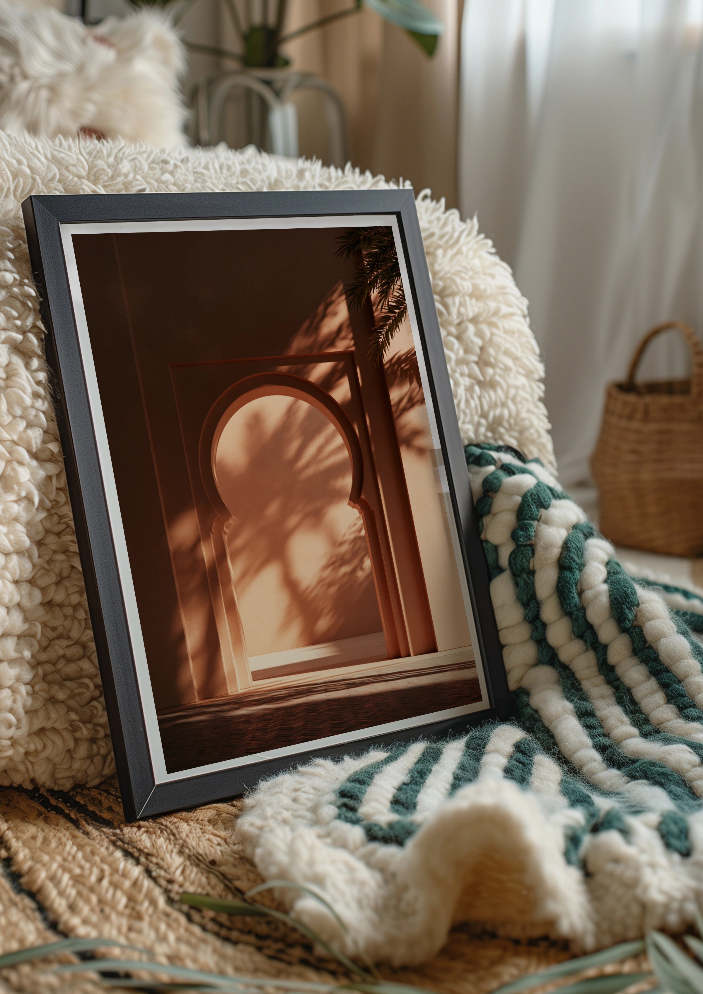 Moroccan Arch Palm Shadow Wall Art Poster, Terracotta Boho Print