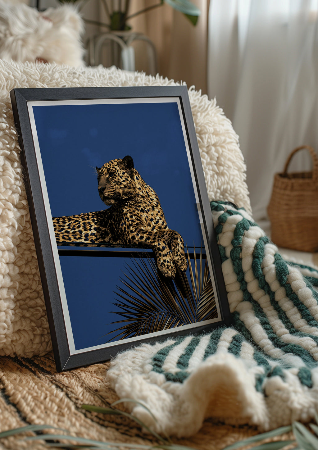 Gold Leopard Blue Sky Poster, Art Deco Wild Cat Print, Luxury Animal Wall Art