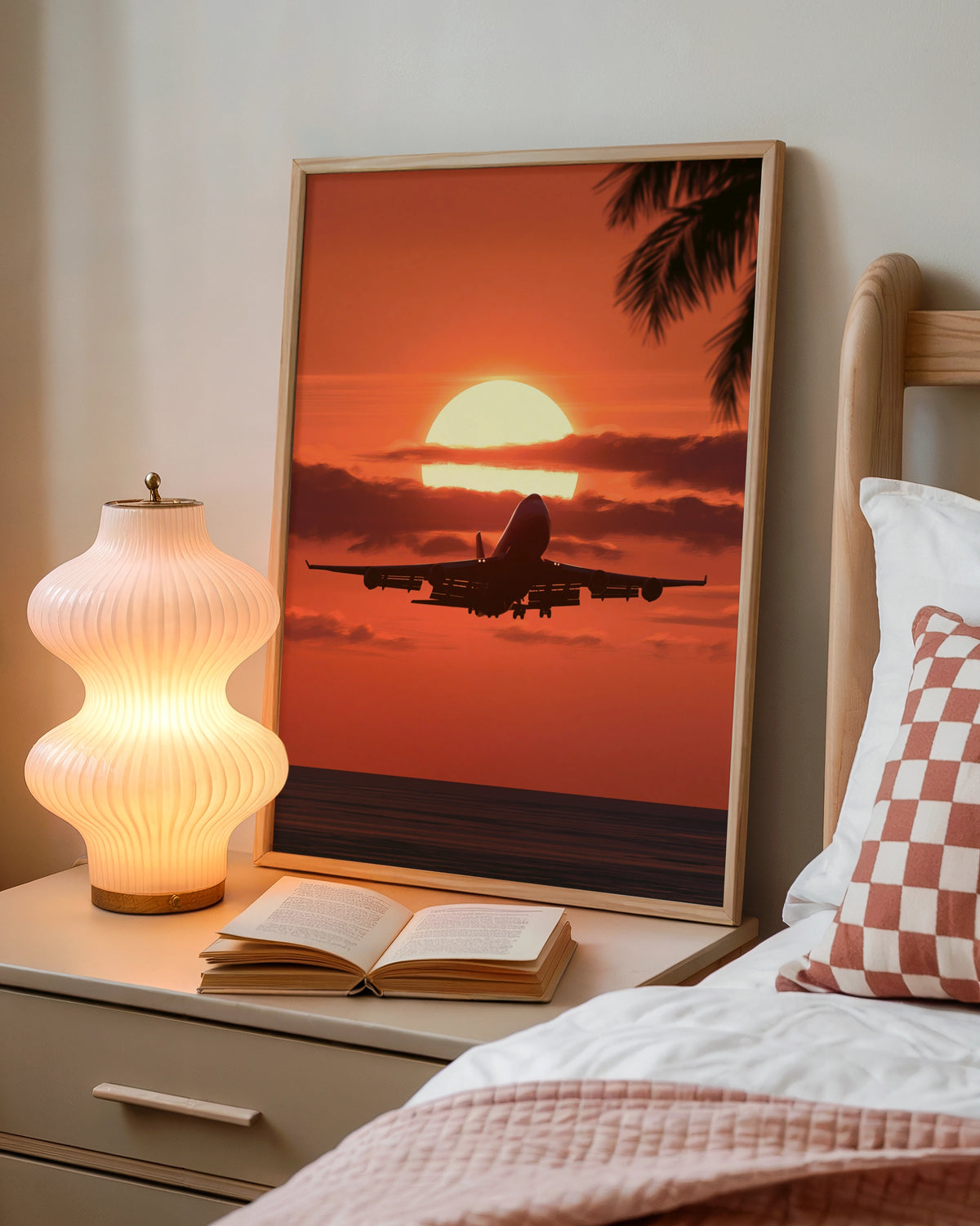 Plane Landing Sunset Poster, Aeroplane Silhouette, Tropical Travel Wall Art