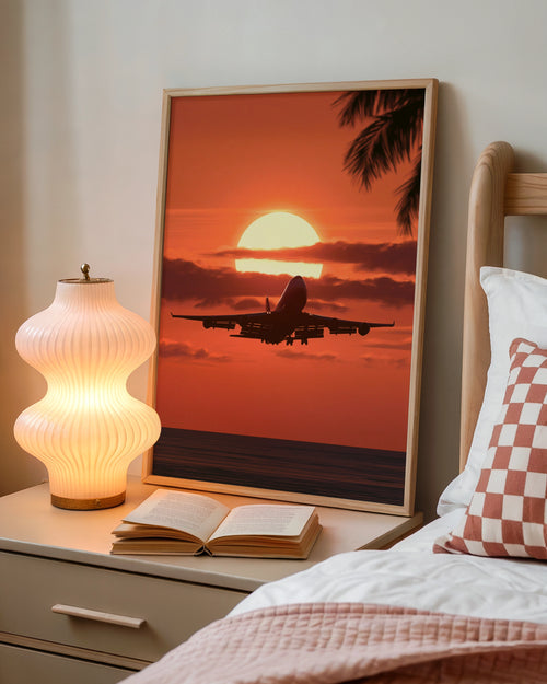 Plane Landing Sunset Poster, Aeroplane Silhouette, Tropical Travel Wall Art