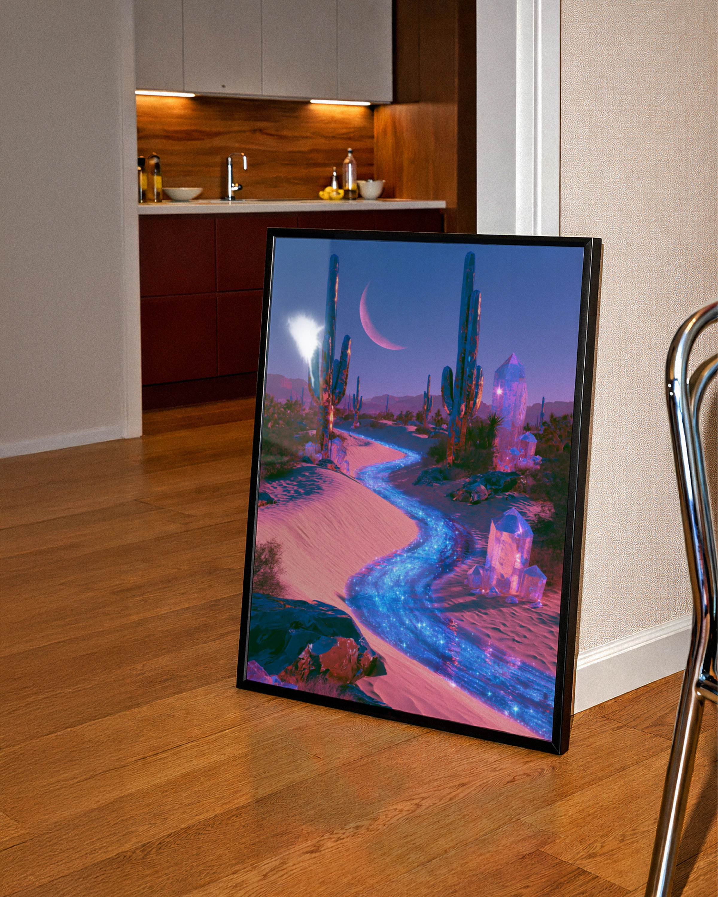 Crystal Desert Cactus Wall Art Poster, Surreal Moonlit Fantasy Print