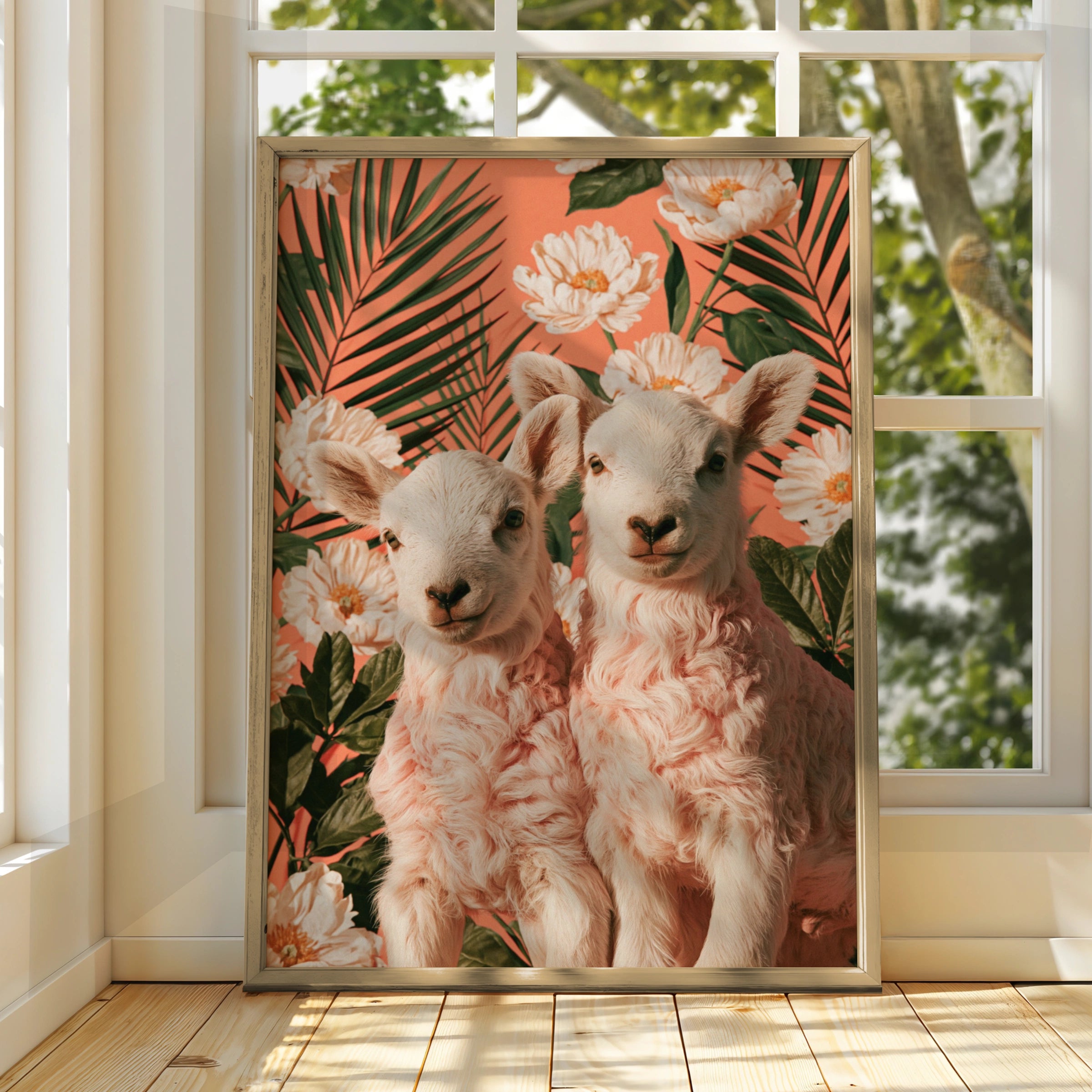 Lambs Floral Palm Poster, Cute Sheep Wall Art, Botanical Coral Print
