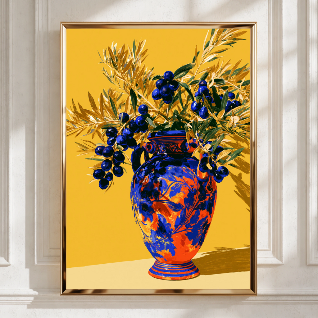 Olive Branch Vase Poster, Bold Botanical Wall Art, Mediterranean Style Print