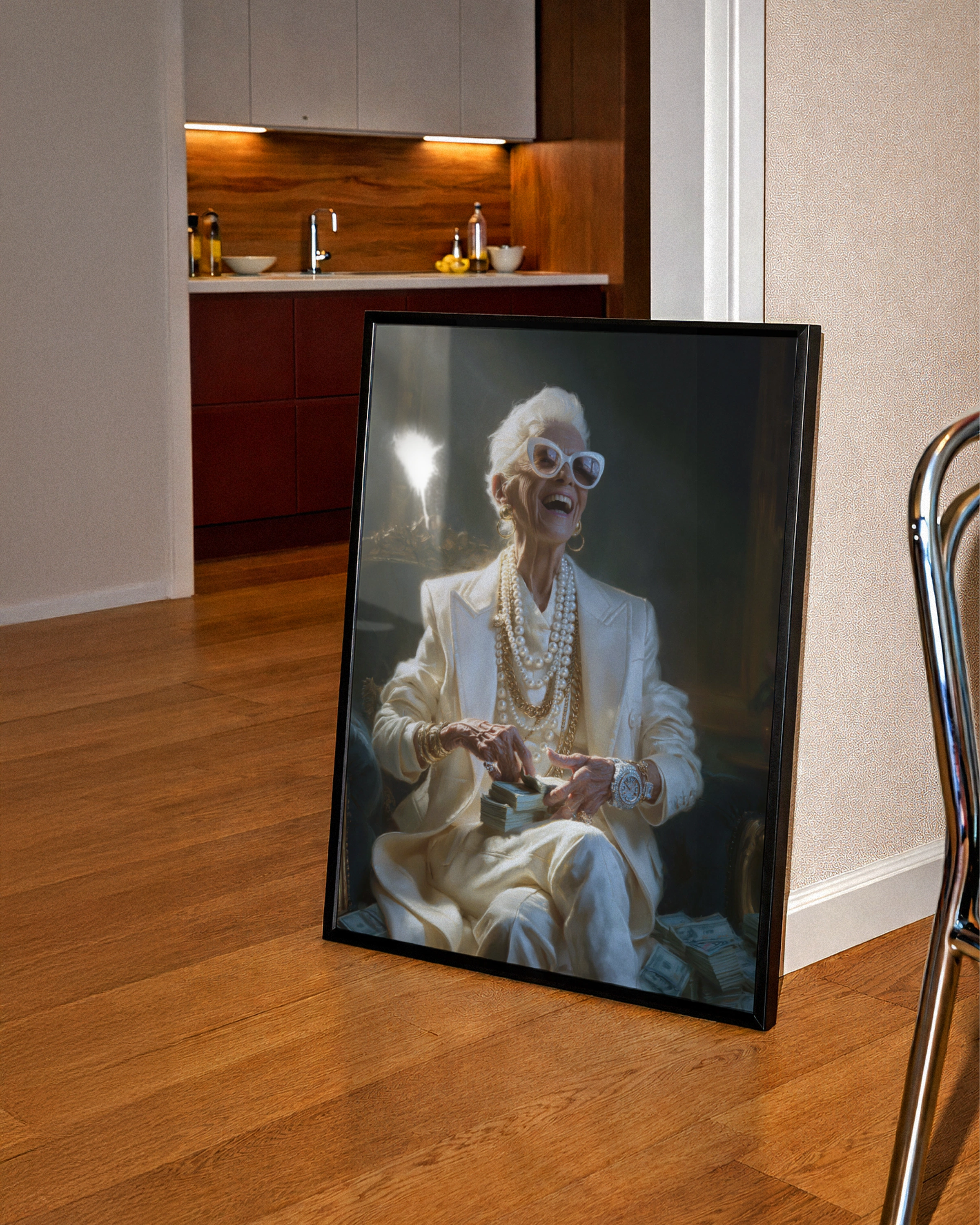 Glamorous Grandma Counting Money Poster, Funny Wealthy Older Woman Wall Art