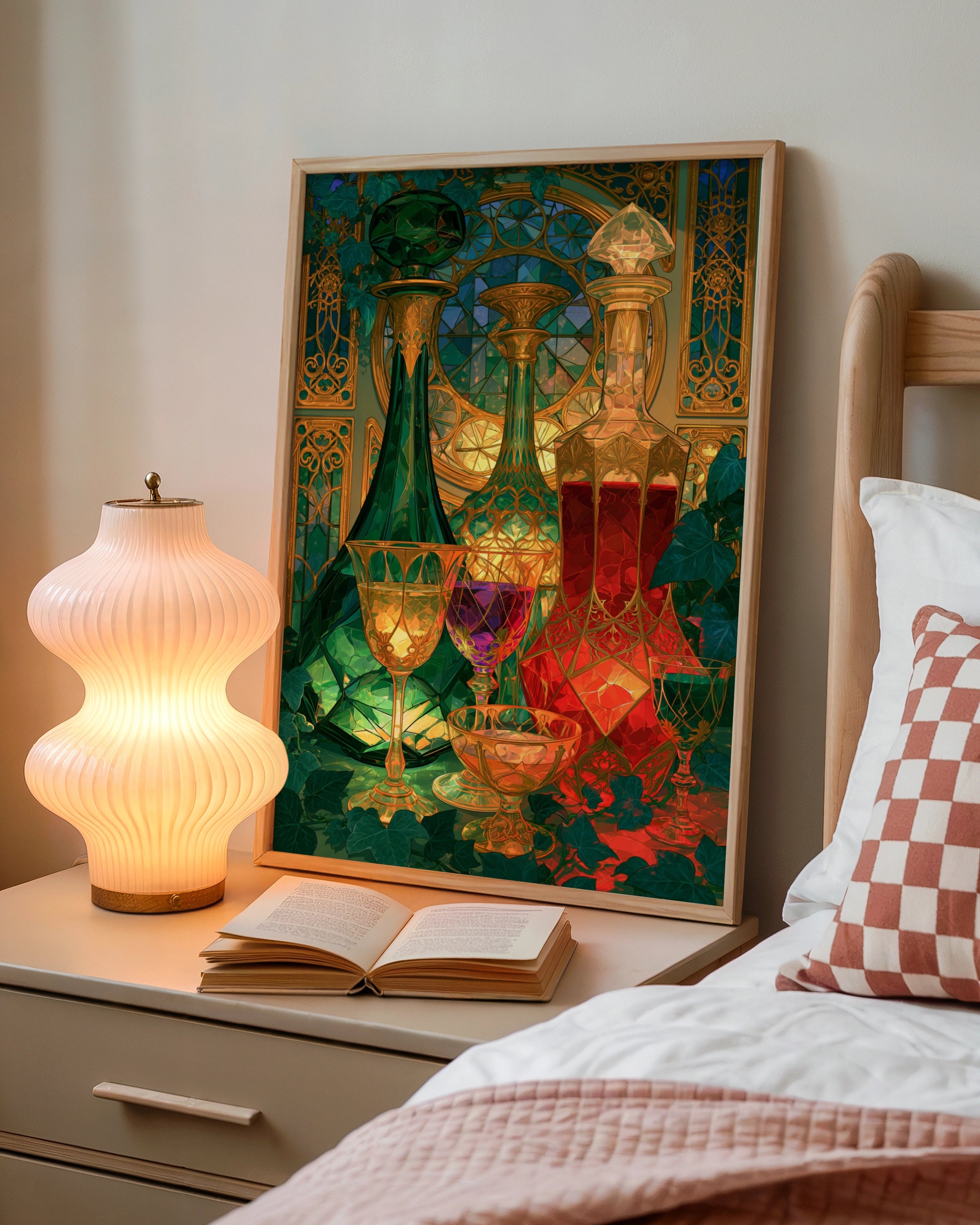 Art Nouveau Glass Decanters Still Life Poster, Jewel Tones, Ornate Gold