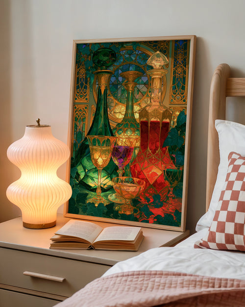 Art Nouveau Glass Decanters Still Life Poster, Jewel Tones, Ornate Gold