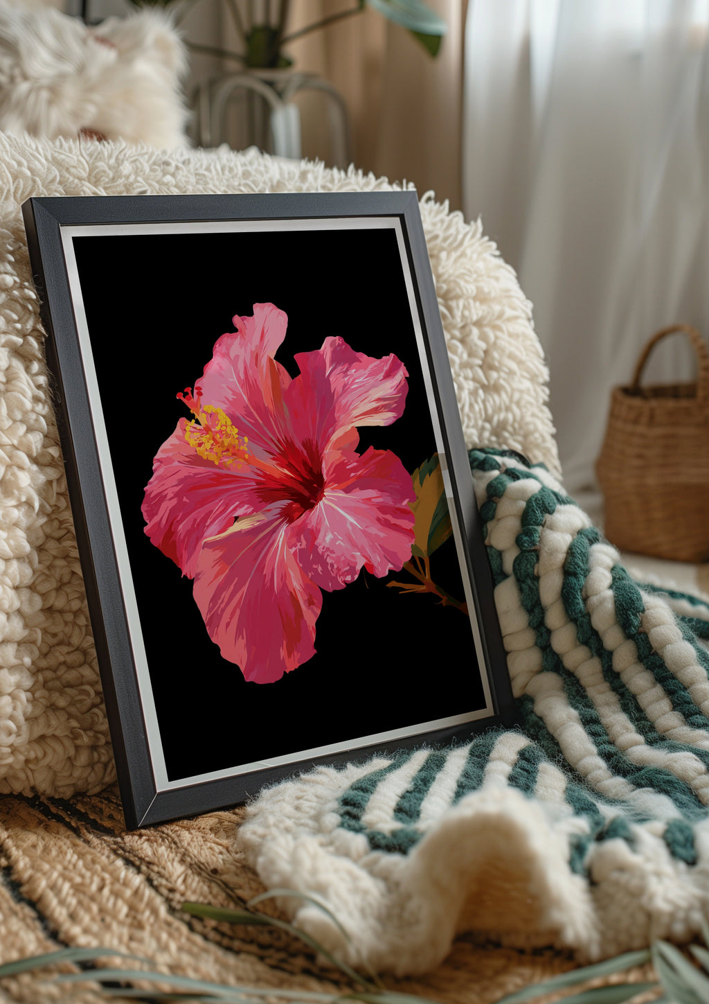 Pink Hibiscus Flower Poster, Tropical Botanical Wall Art, Dark Background Print
