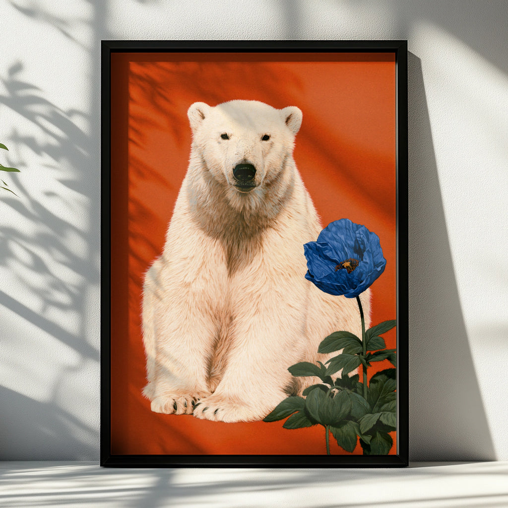 Polar Bear Blue Flower Poster, Bold Orange Wildlife Wall Art Print