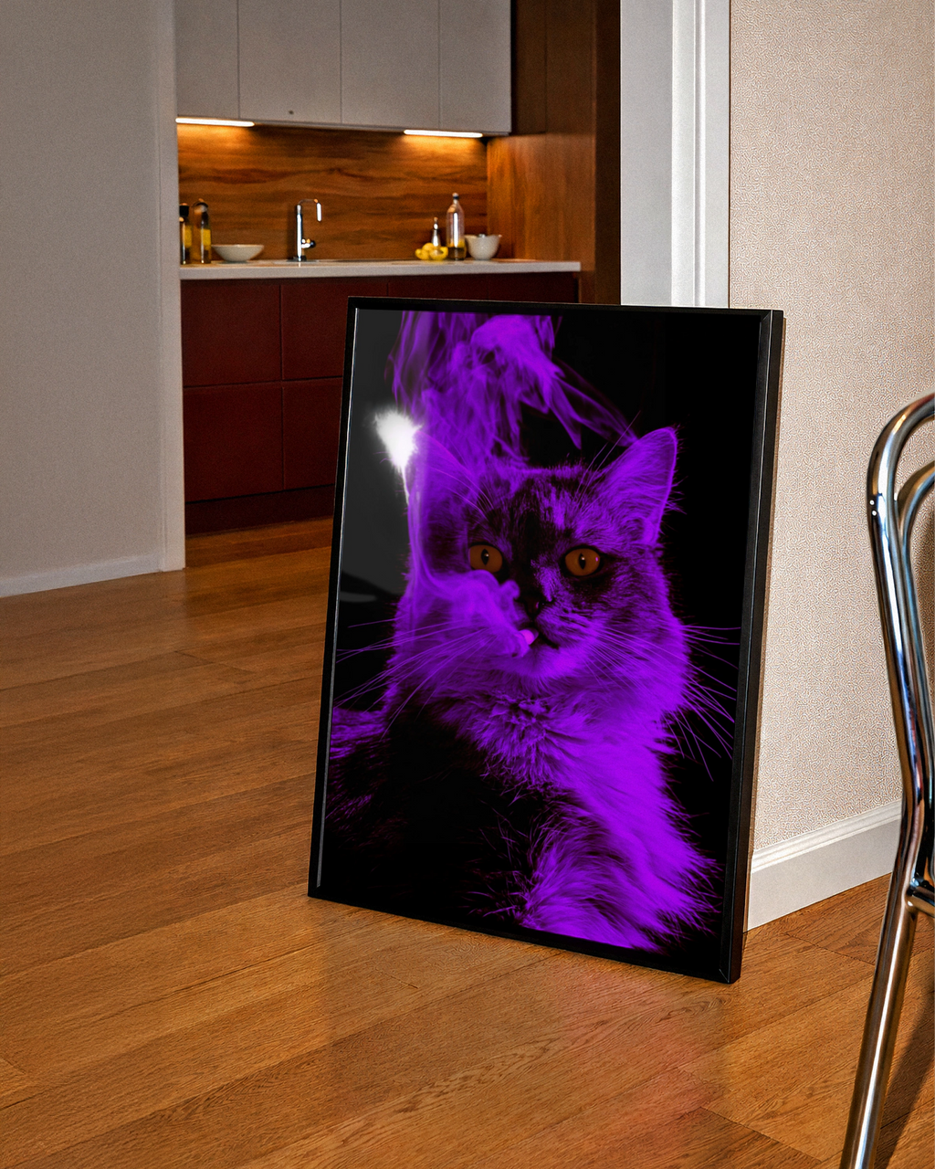 Purple Smoking Cat Poster, Neon Feline Wall Art, Dark Moody Print