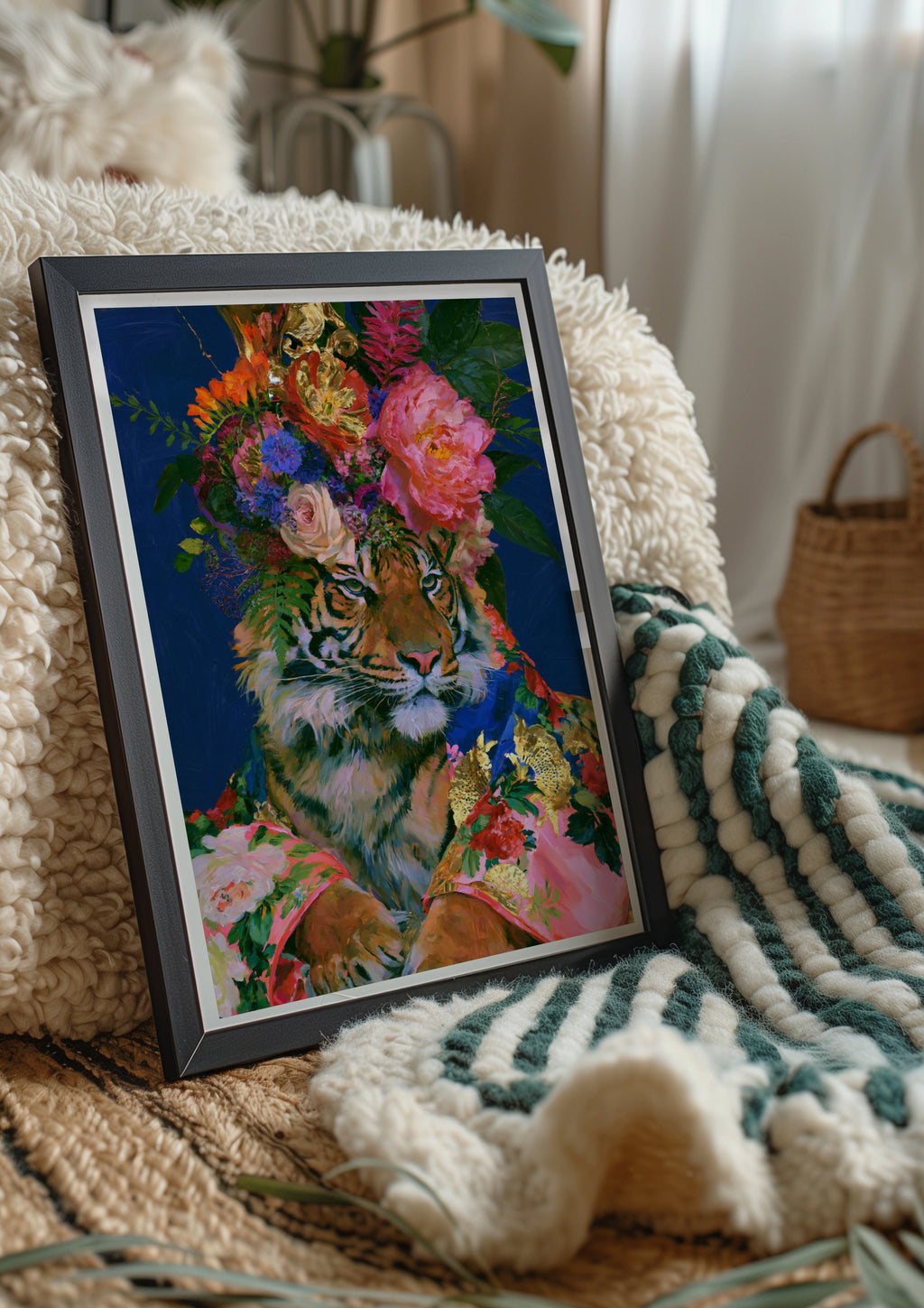 Tiger Floral Crown Poster, Bold Botanical Animal Art Print, Maximalist Wall Art