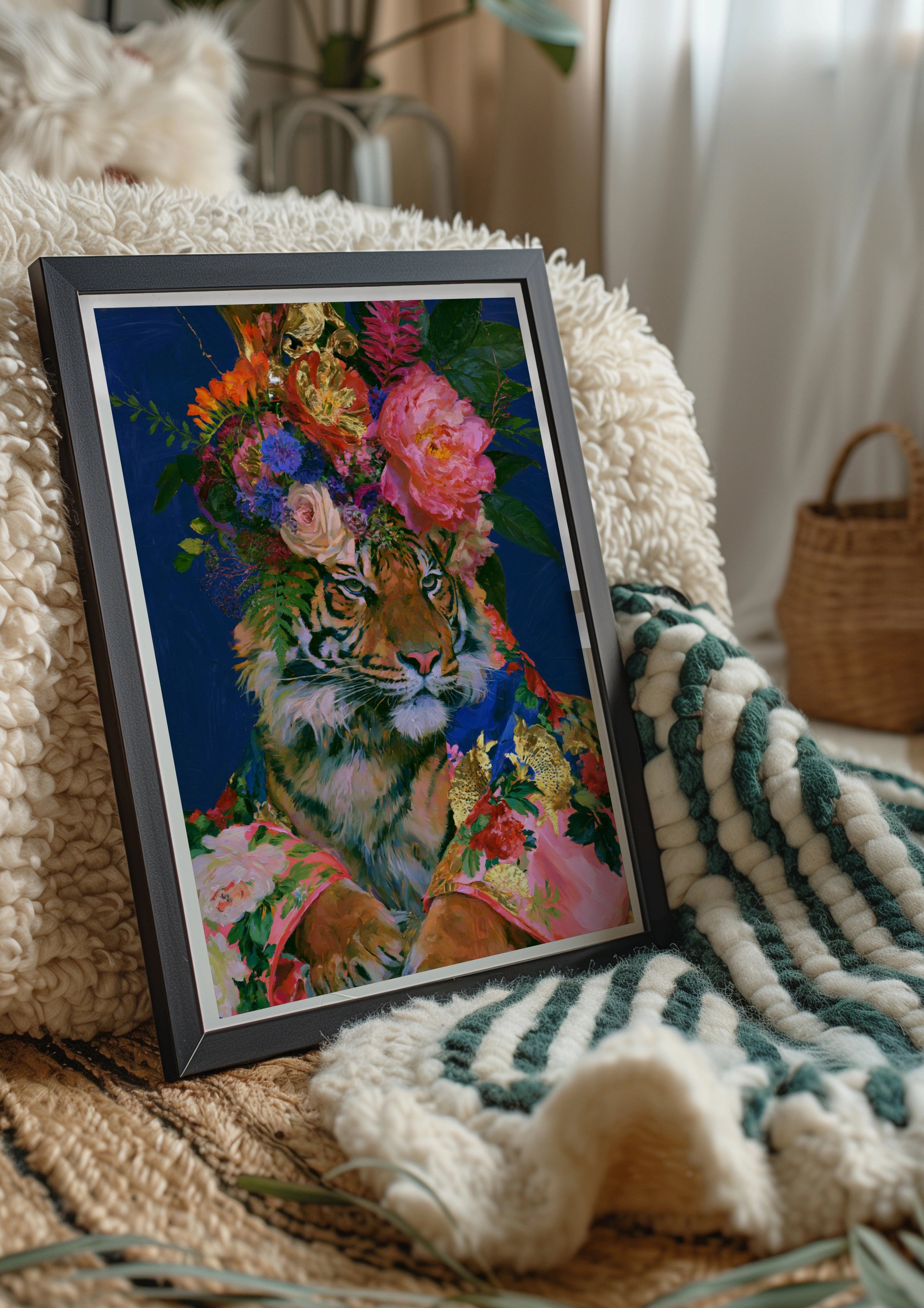 Tiger Floral Crown Poster, Bold Botanical Animal Art Print, Maximalist Wall Art