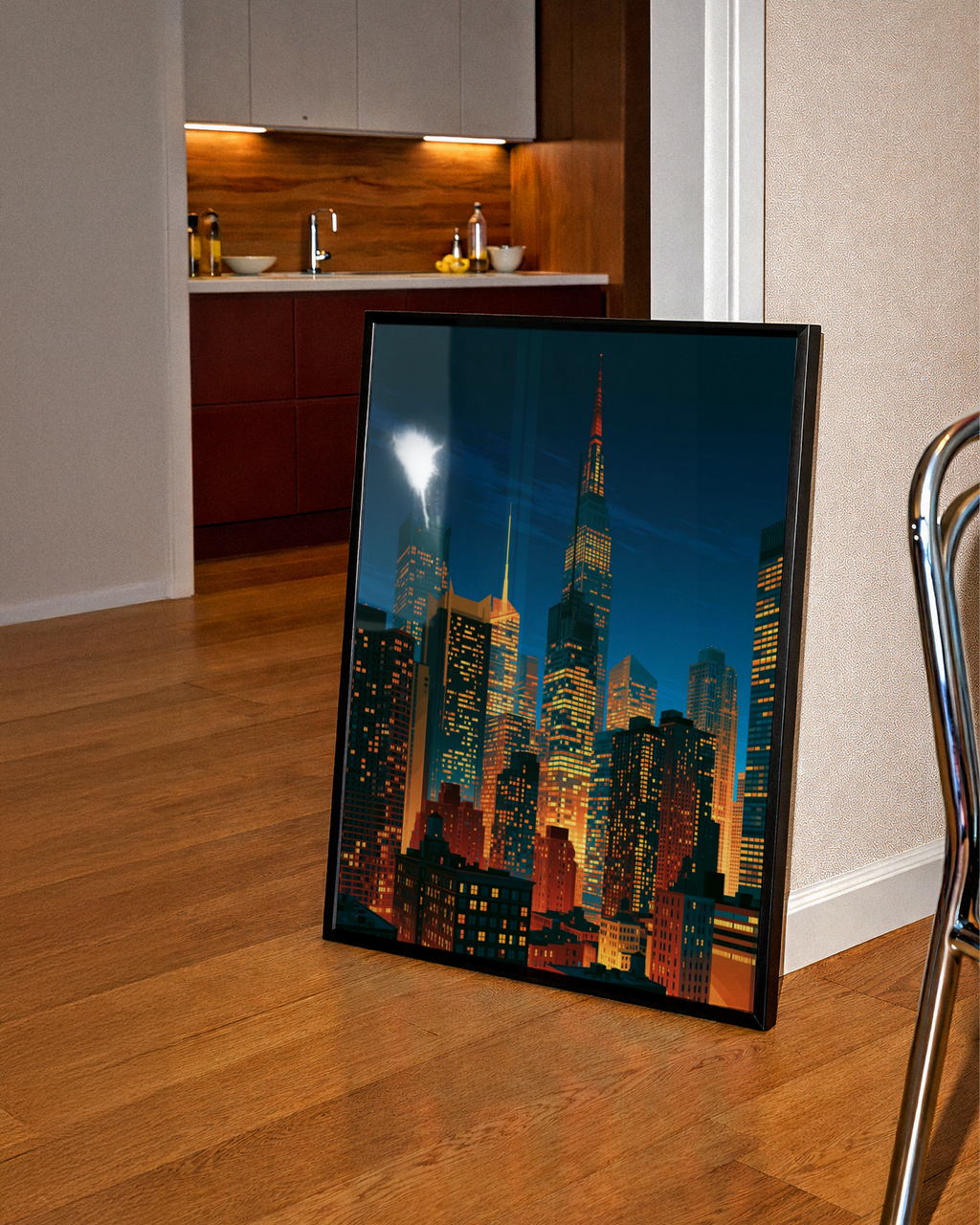 City Skyline Night Poster, Skyscrapers Print, Urban Wall Art, Retro Style