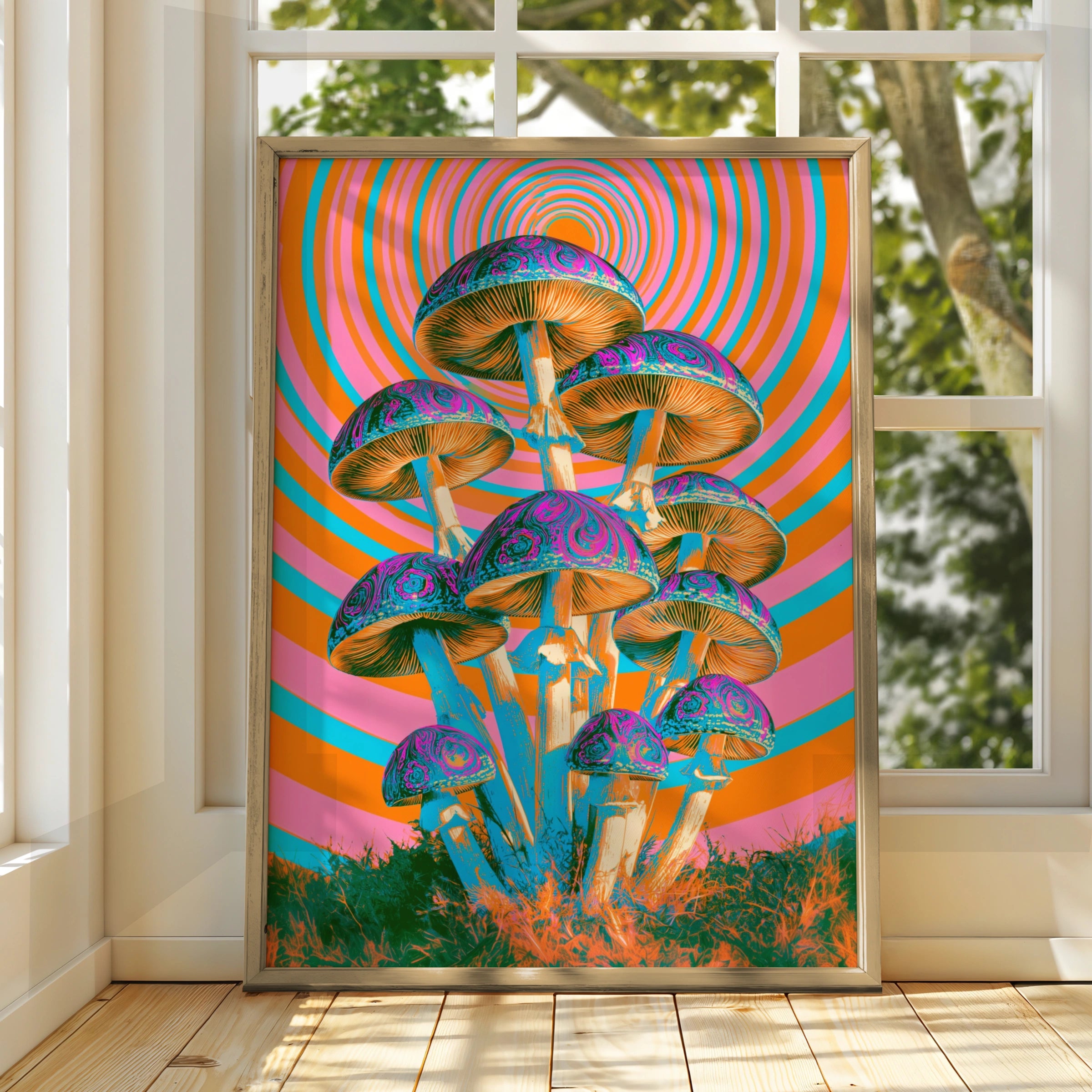 Psychedelic Mushroom Poster, Retro Trippy Wall Art, Orange Pink Groovy Print